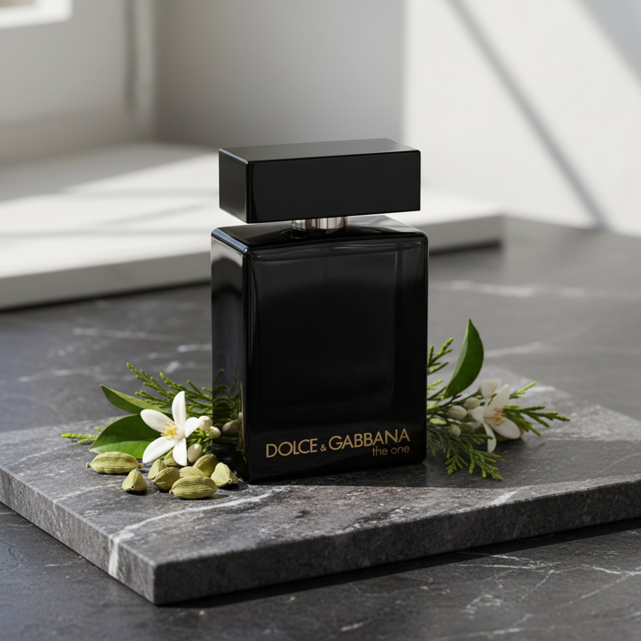 Black Dolce & Gabbana perfume bottle on a gray surface with green leaves and flowers.