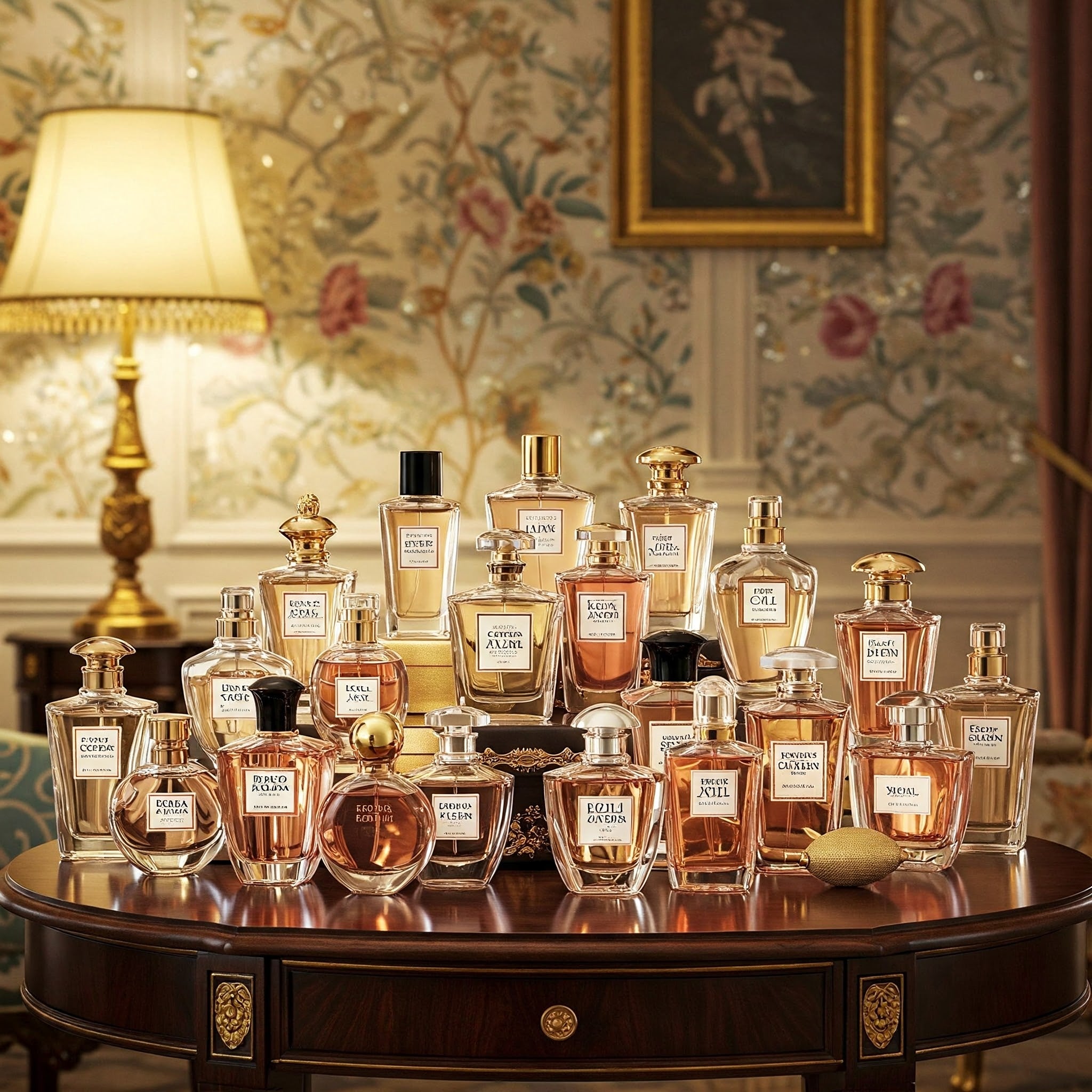 Collection of luxurious perfume bottles on a table in an elegant room.
