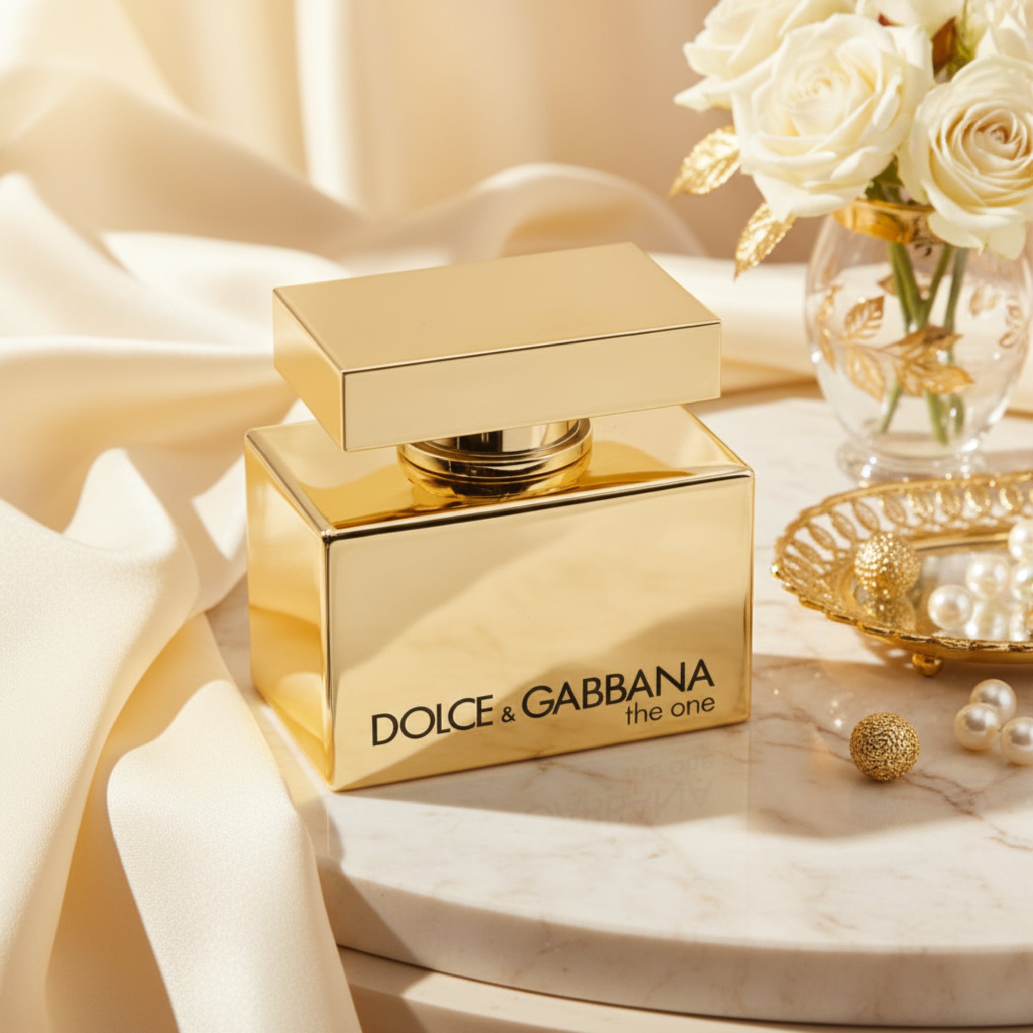The One Gold by Dolce & Gabbana perfume bottle on a luxury background