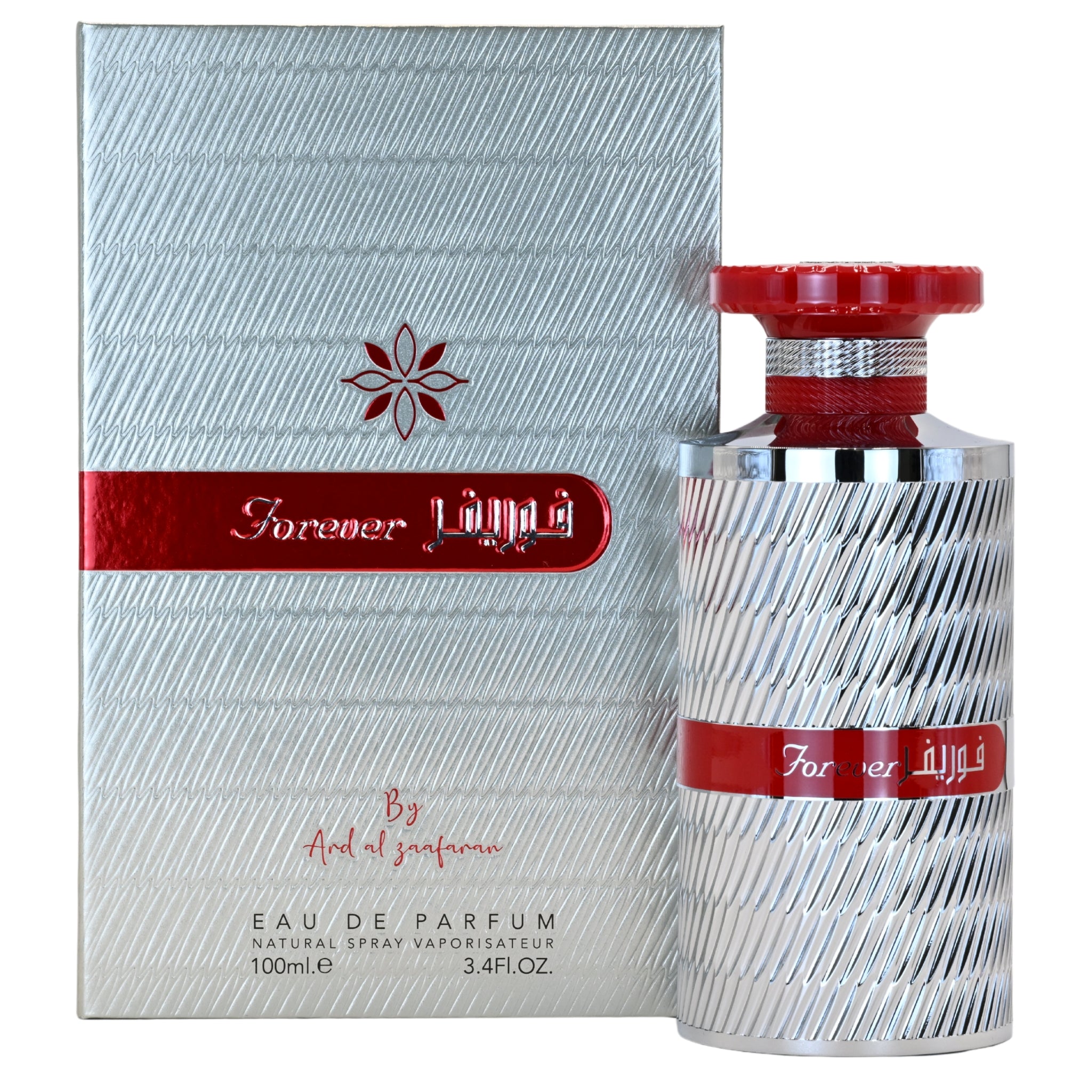 Perfume bottle and packaging with 'Forever Red' branding on a white background