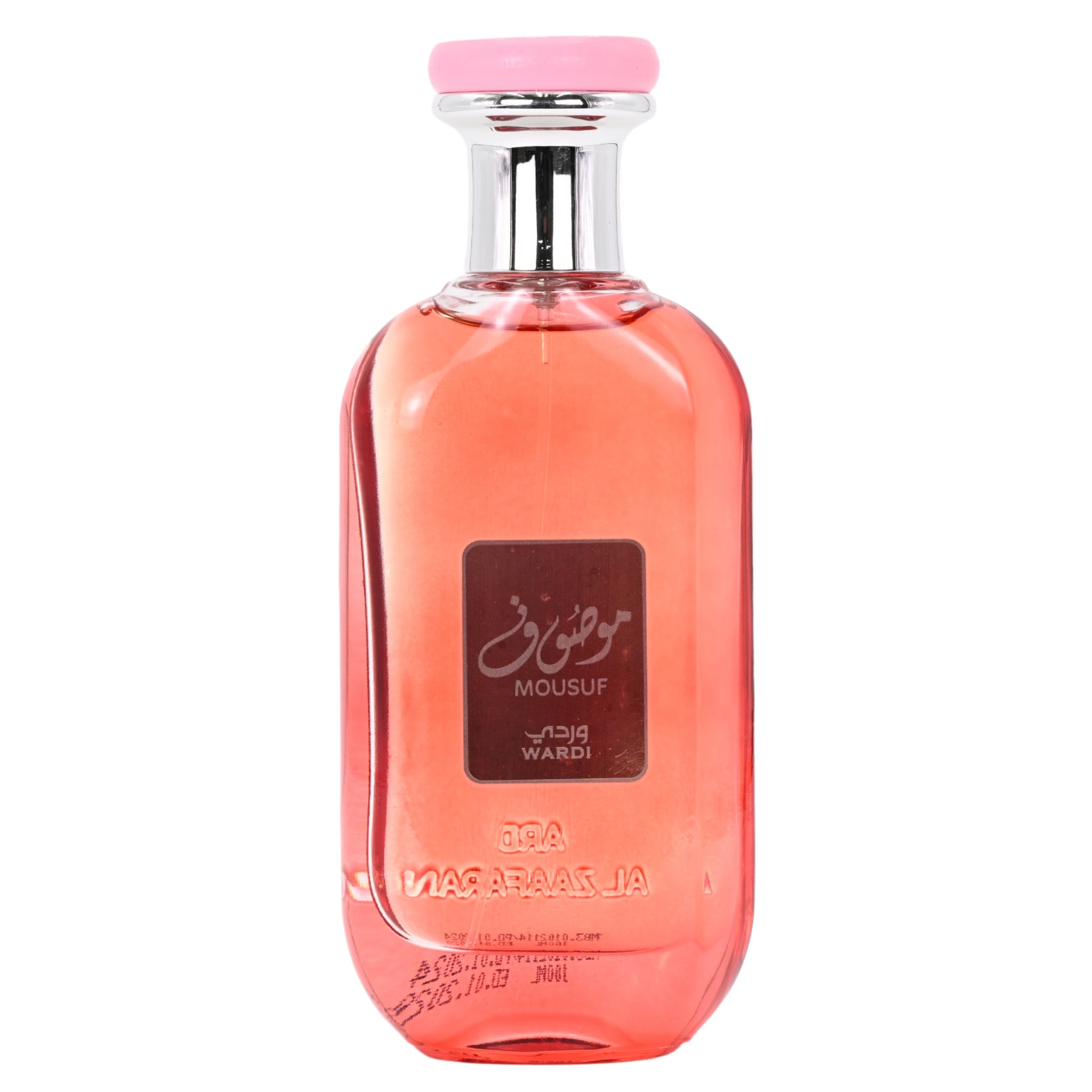 Perfume bottle with pink cap and label on a white background