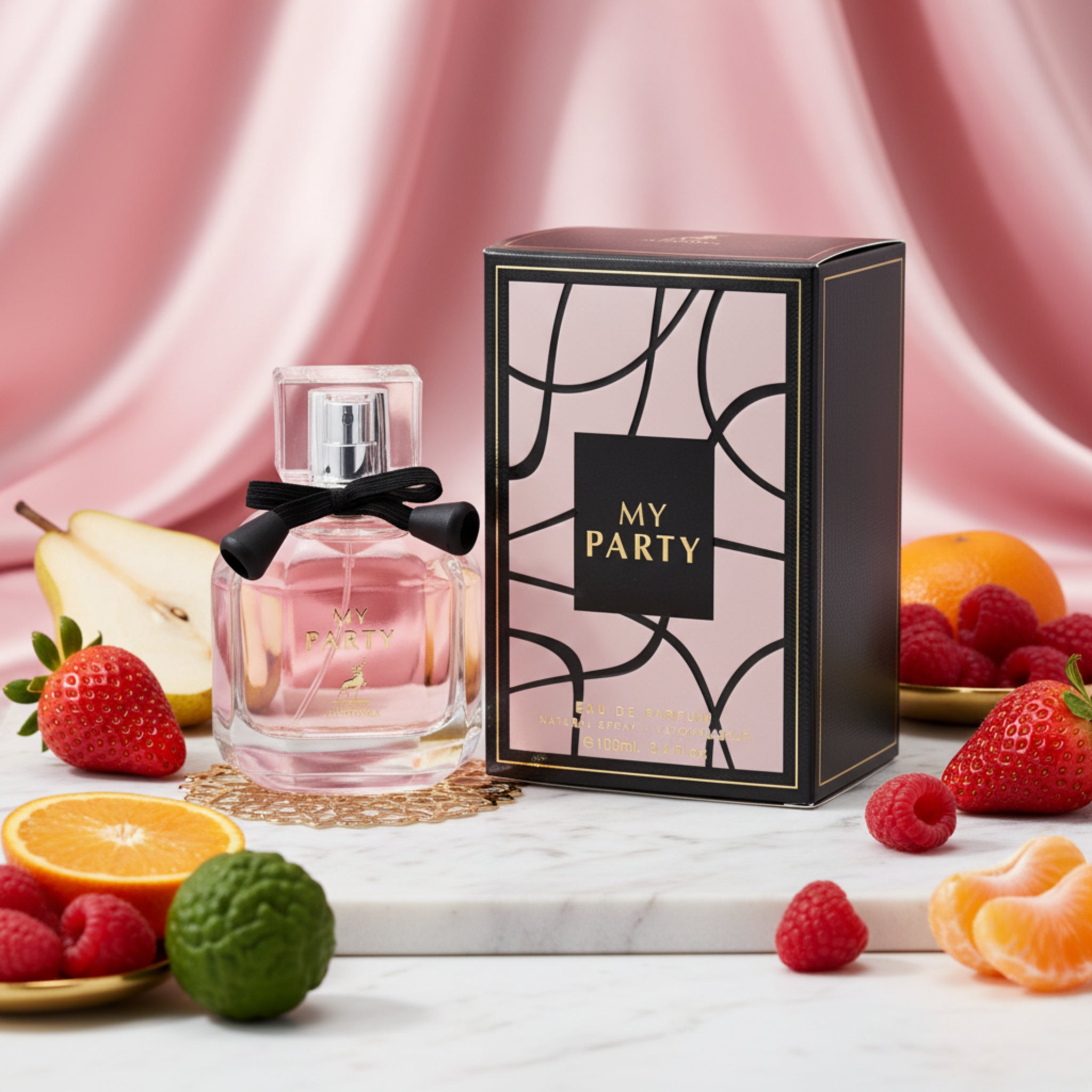 Perfume bottle with pink liquid and black bow, accompanied by its packaging box on a white background.