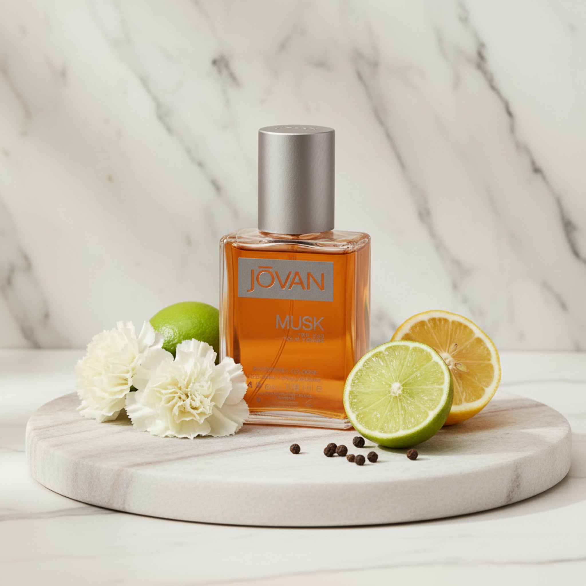 Jovan Musk perfume bottle on a white background