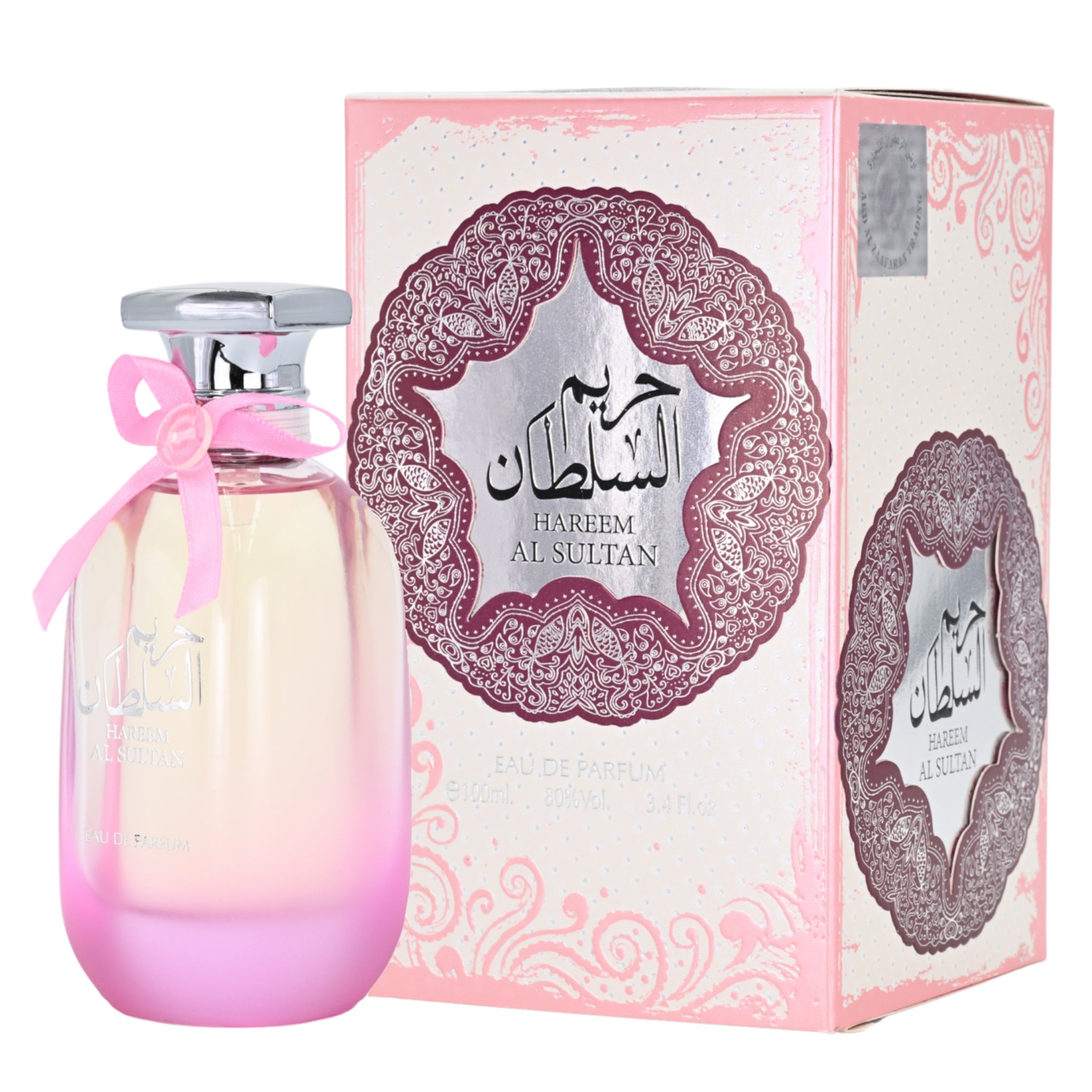 Perfume bottle with pink cap and decorative box featuring 'Hareem Al Sultan' branding on a white background.