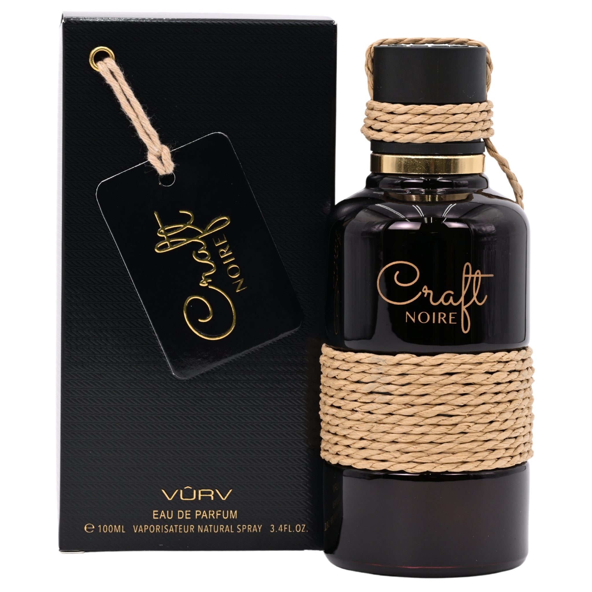 Black perfume bottle with woven design and 'Craft Noire' branding, alongside packaging.
