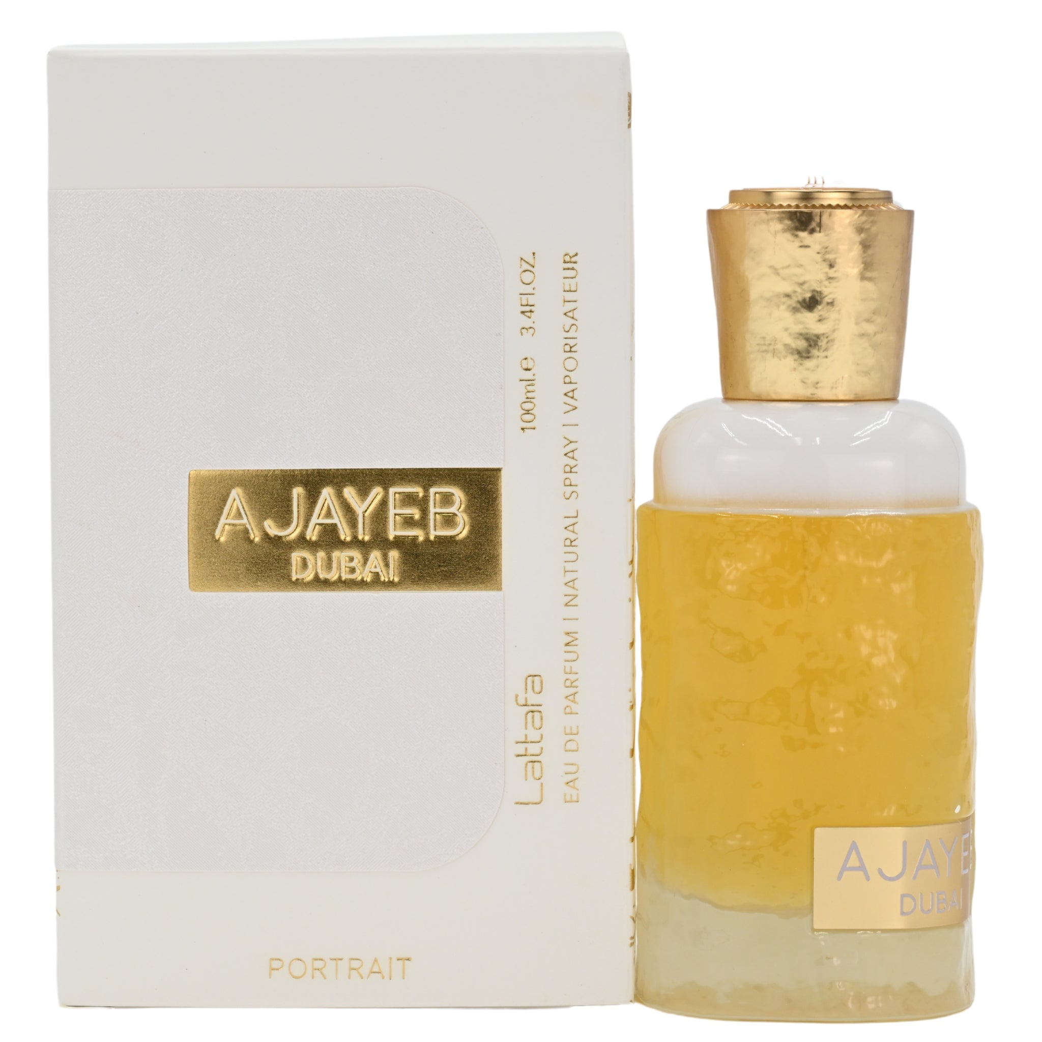 Perfume bottle and packaging with 'AJAYEB DUBAI' branding on a white background