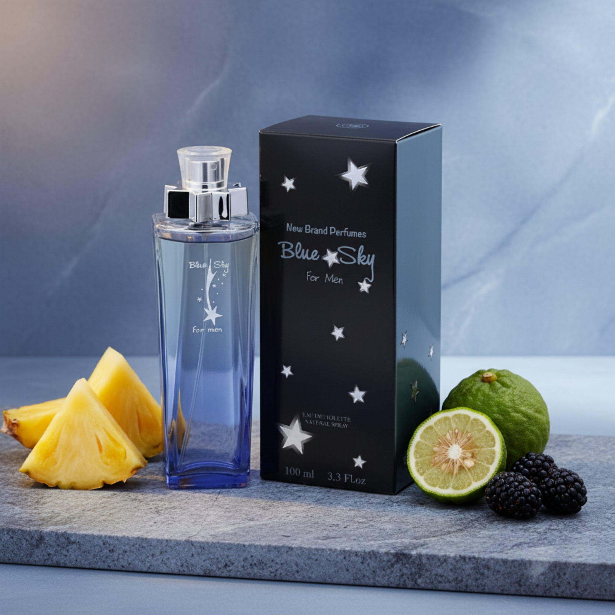 Blue perfume bottle with star design next to its packaging on a white background