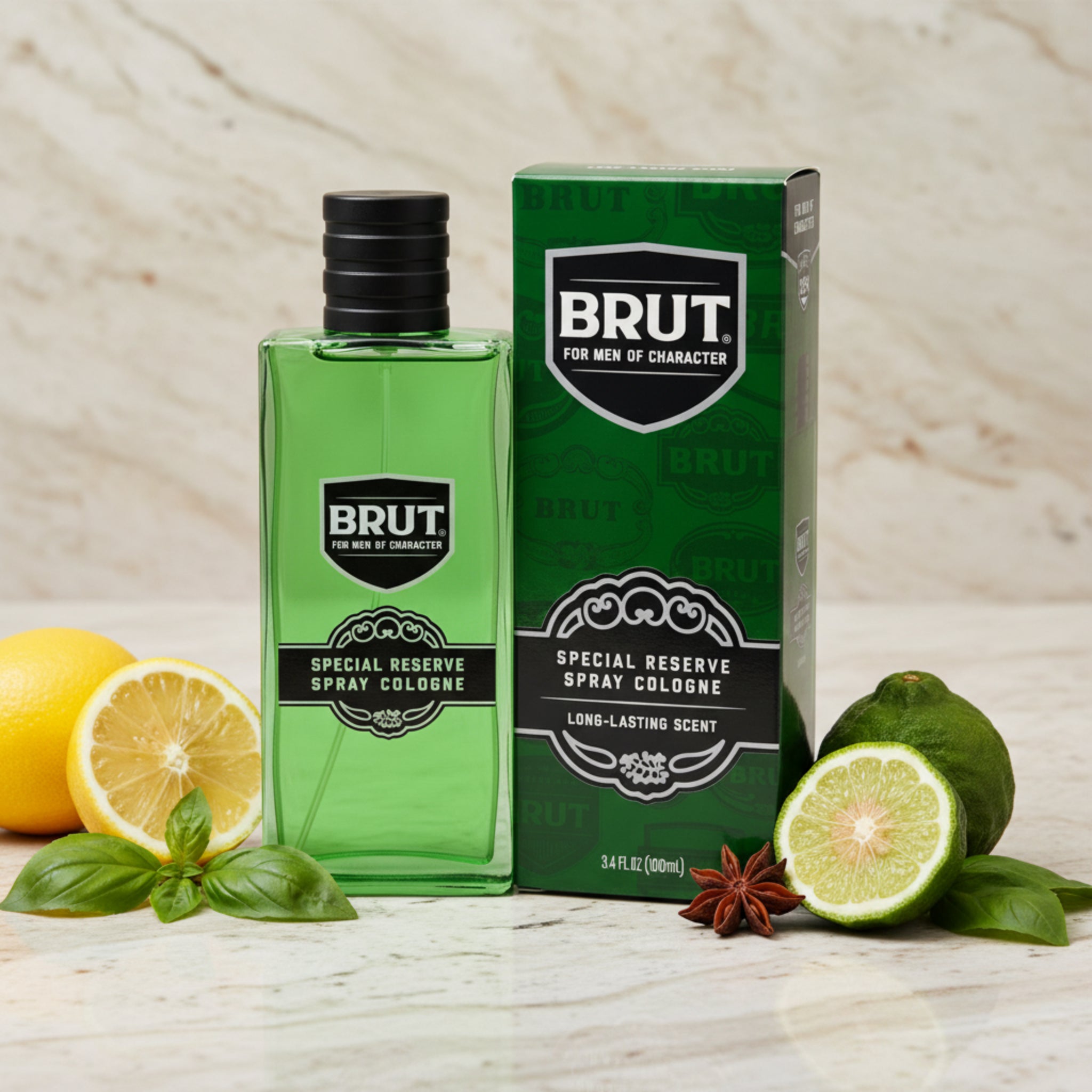 Green Brut cologne bottle and packaging on a white background