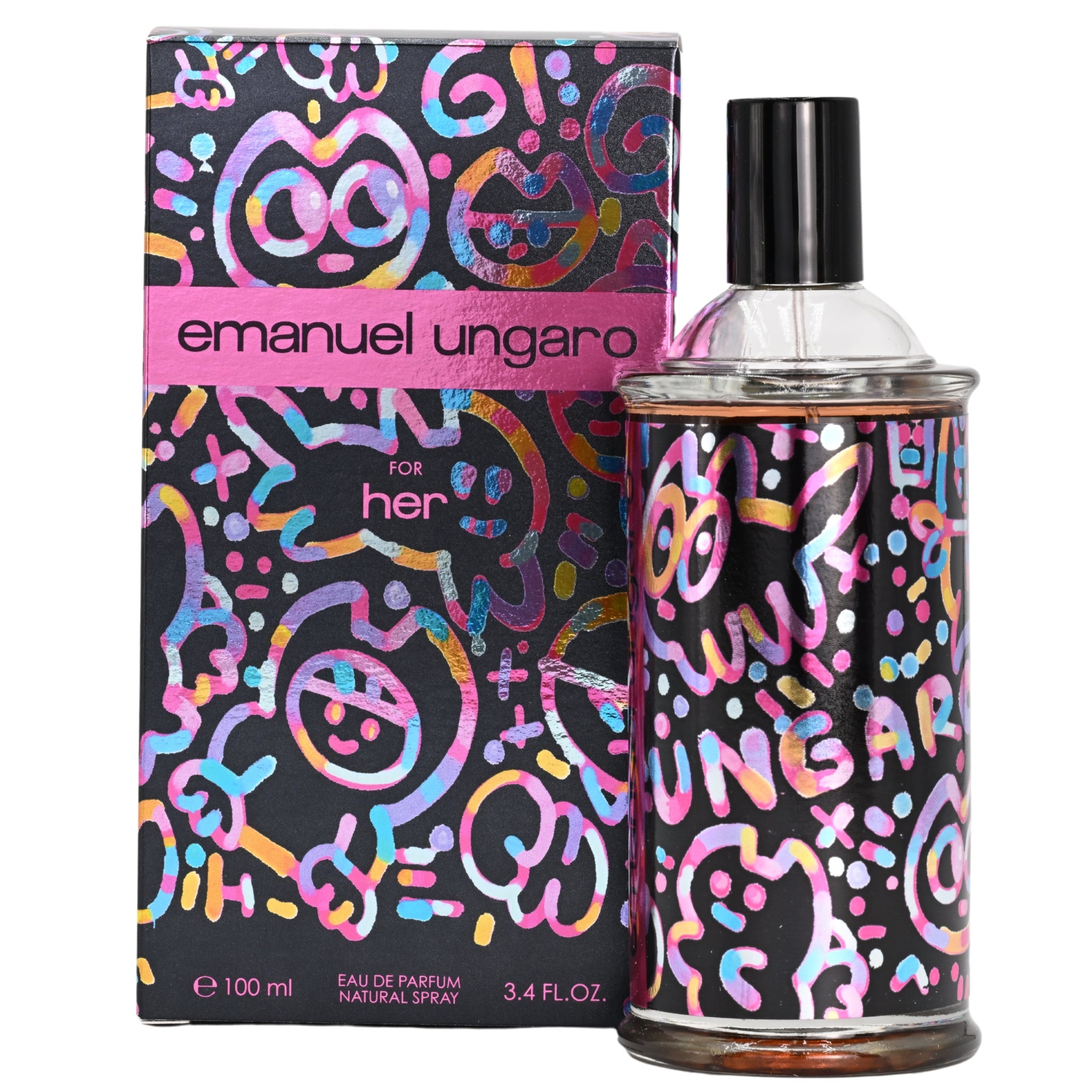 Emanuel Ungaro perfume bottle and packaging with colorful abstract design on a white background