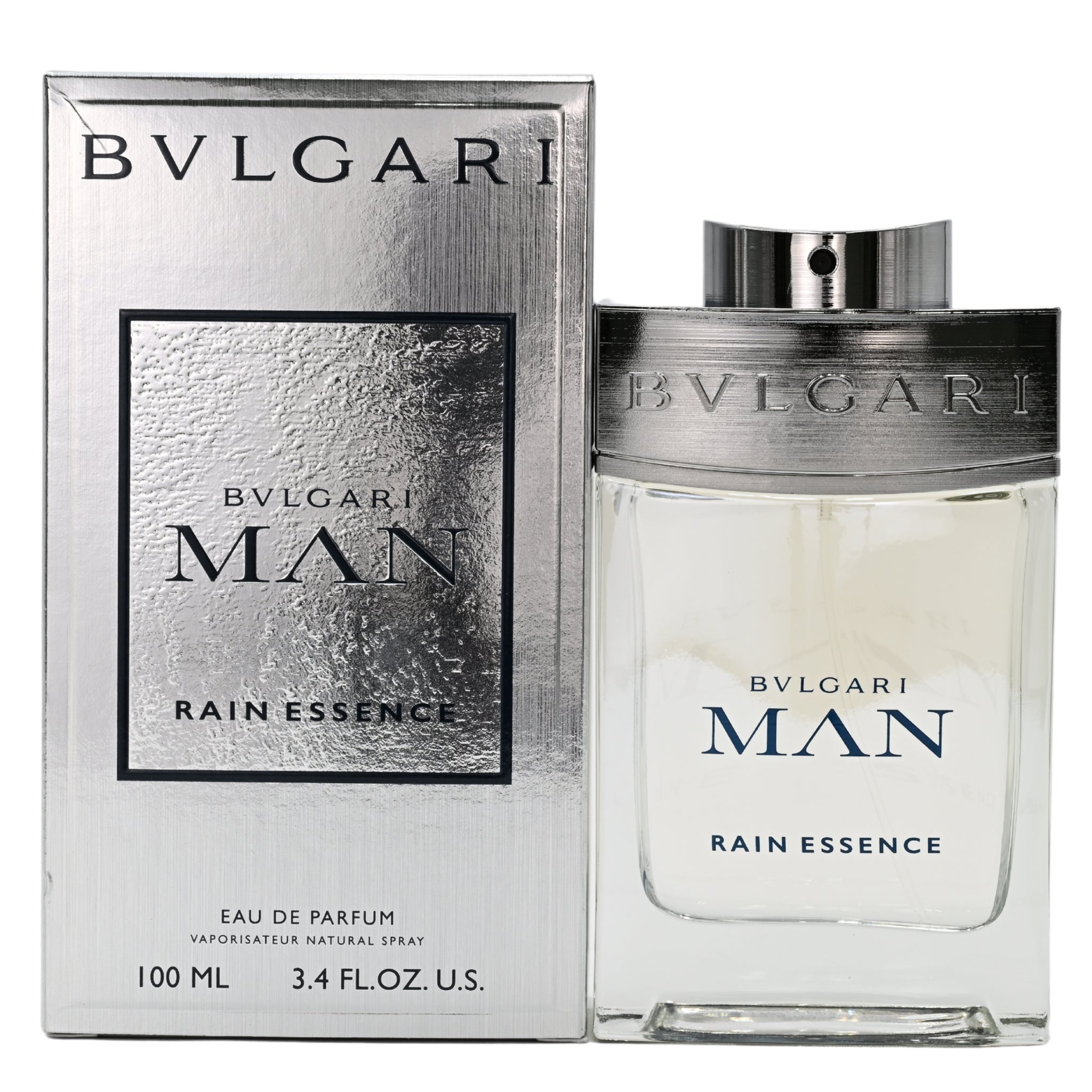 Bvlgari Man Rain Essence perfume bottle and packaging on a white background
