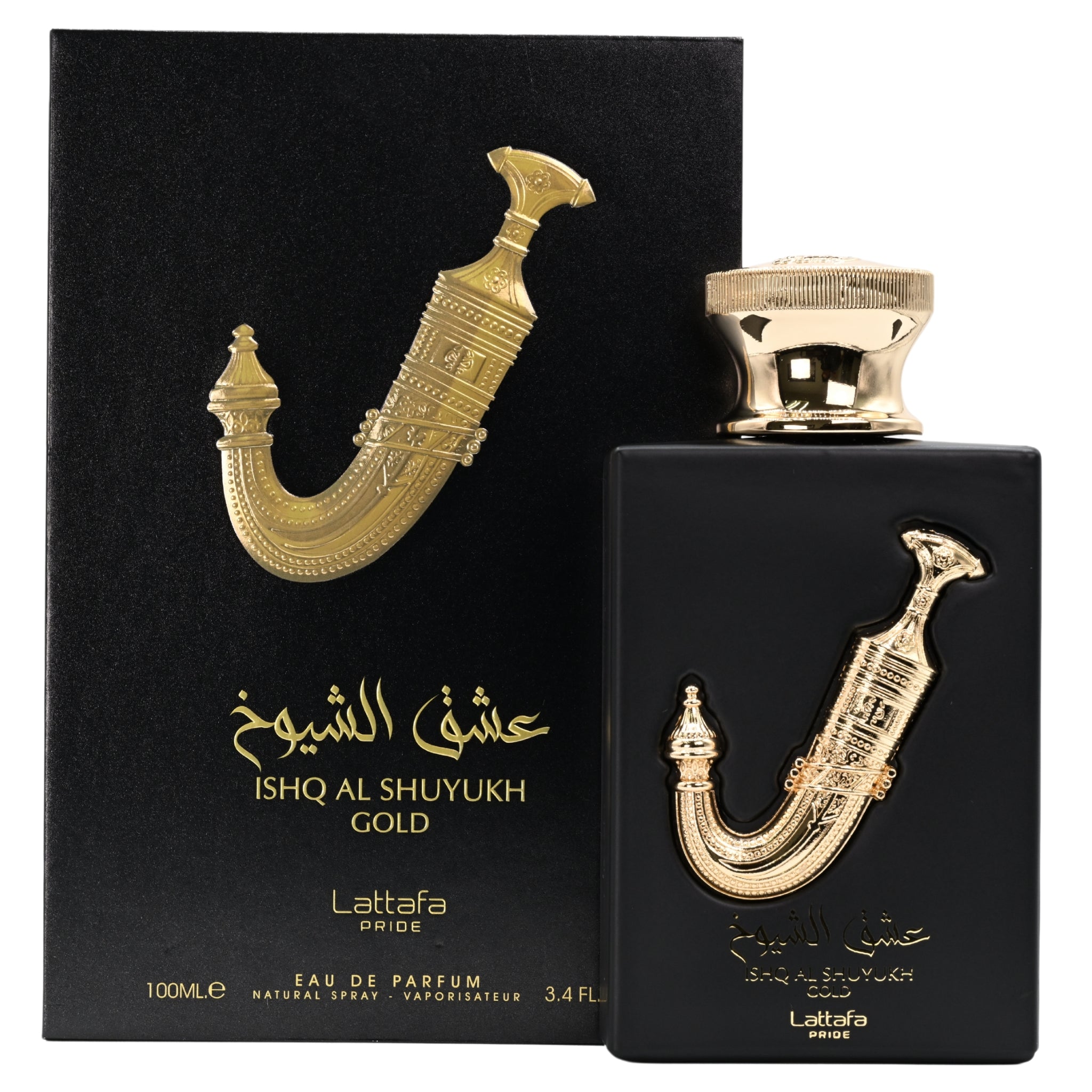 Black and gold Lattafa perfume bottle and packaging with 'Ishq Al Shuyukh Gold' text.