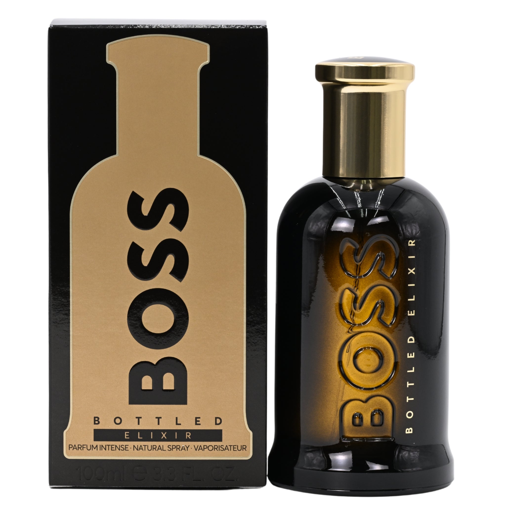 BOSS Bottled Elixir perfume bottle and packaging on a white background