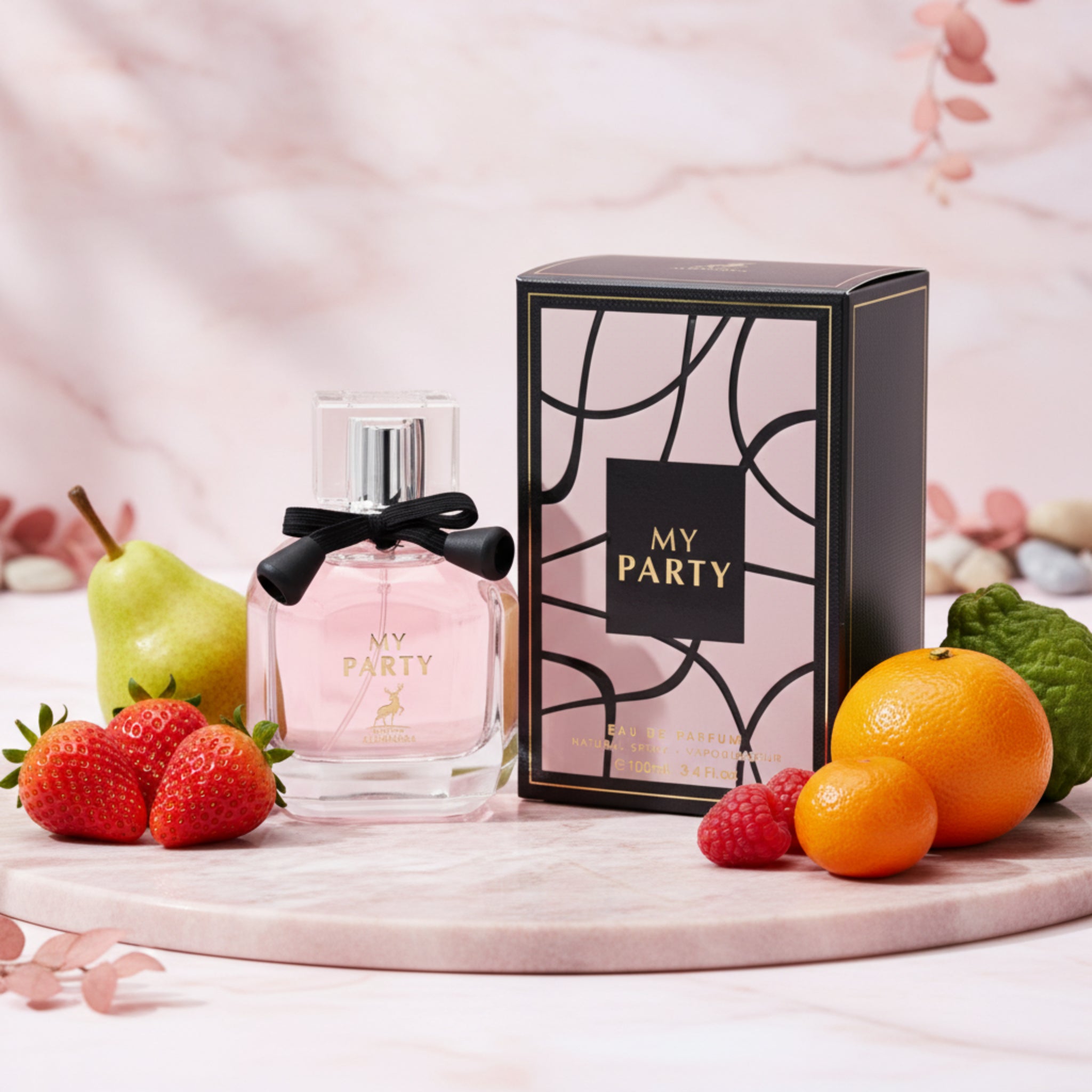 Perfume bottle with pink liquid and black bow, accompanied by its packaging box on a white background.