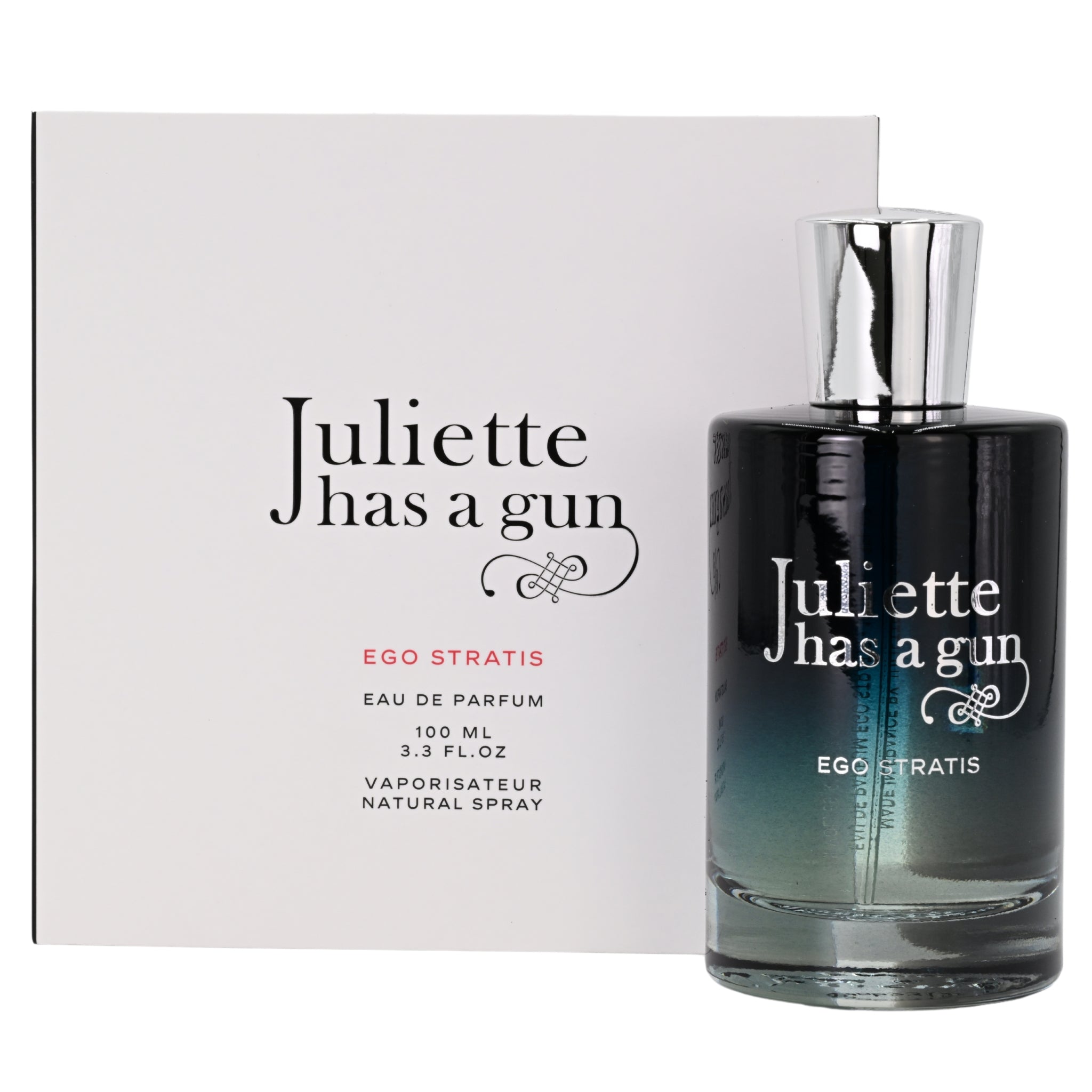 Juliette has a gun Ego Stratis perfume bottle and packaging on a white background
