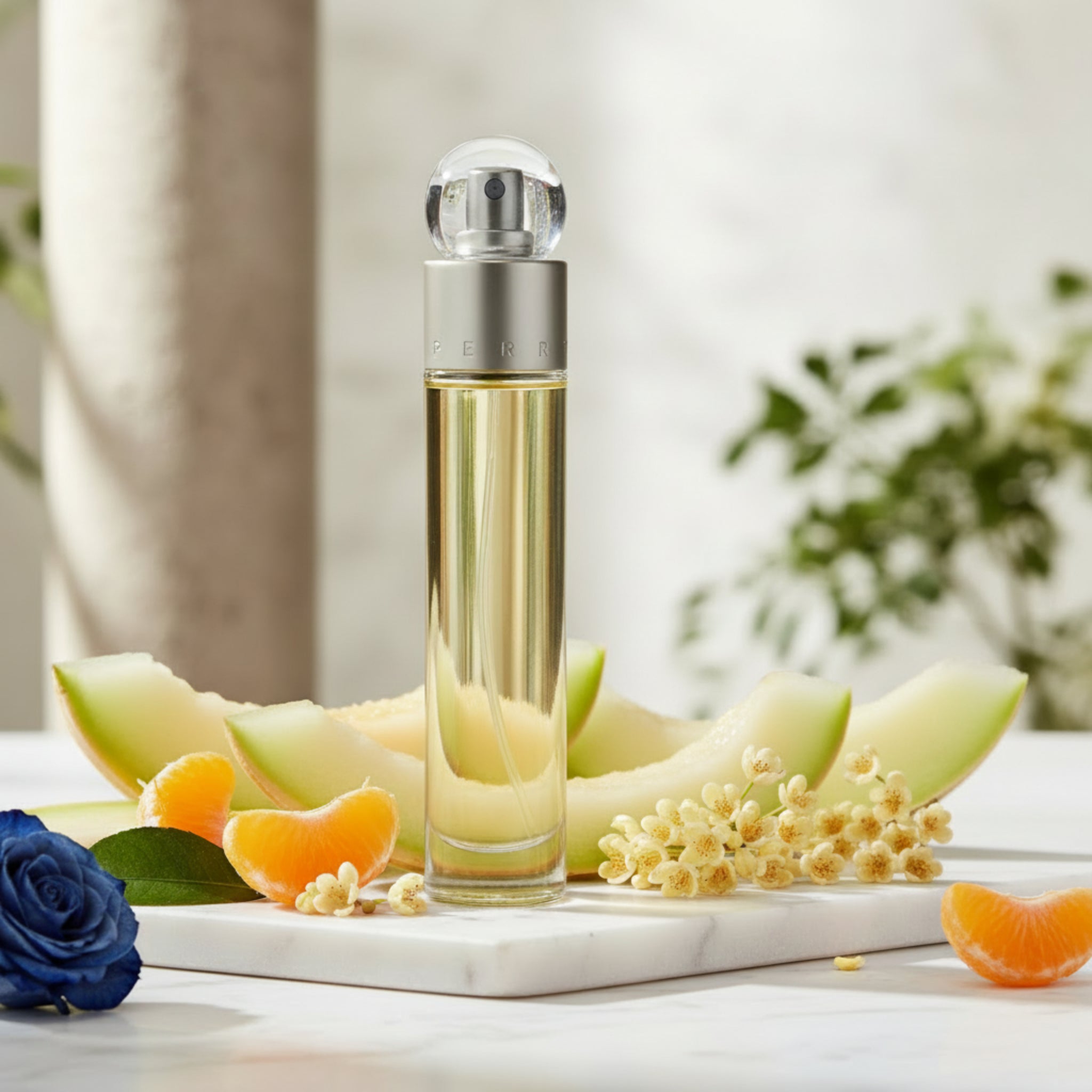 Perfume bottle with a silver cap on a white background