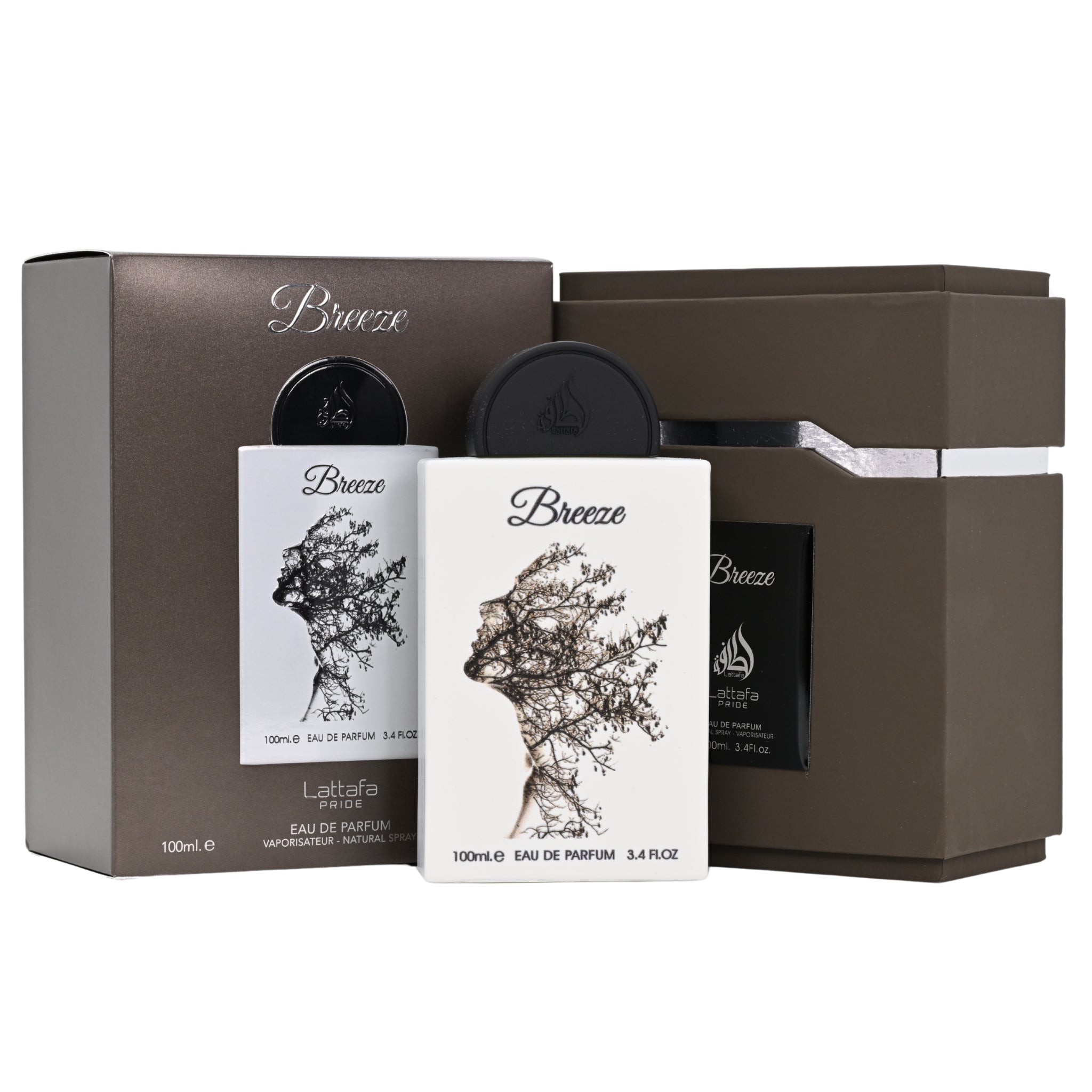 Breeze perfume set with bottles and packaging on a white background