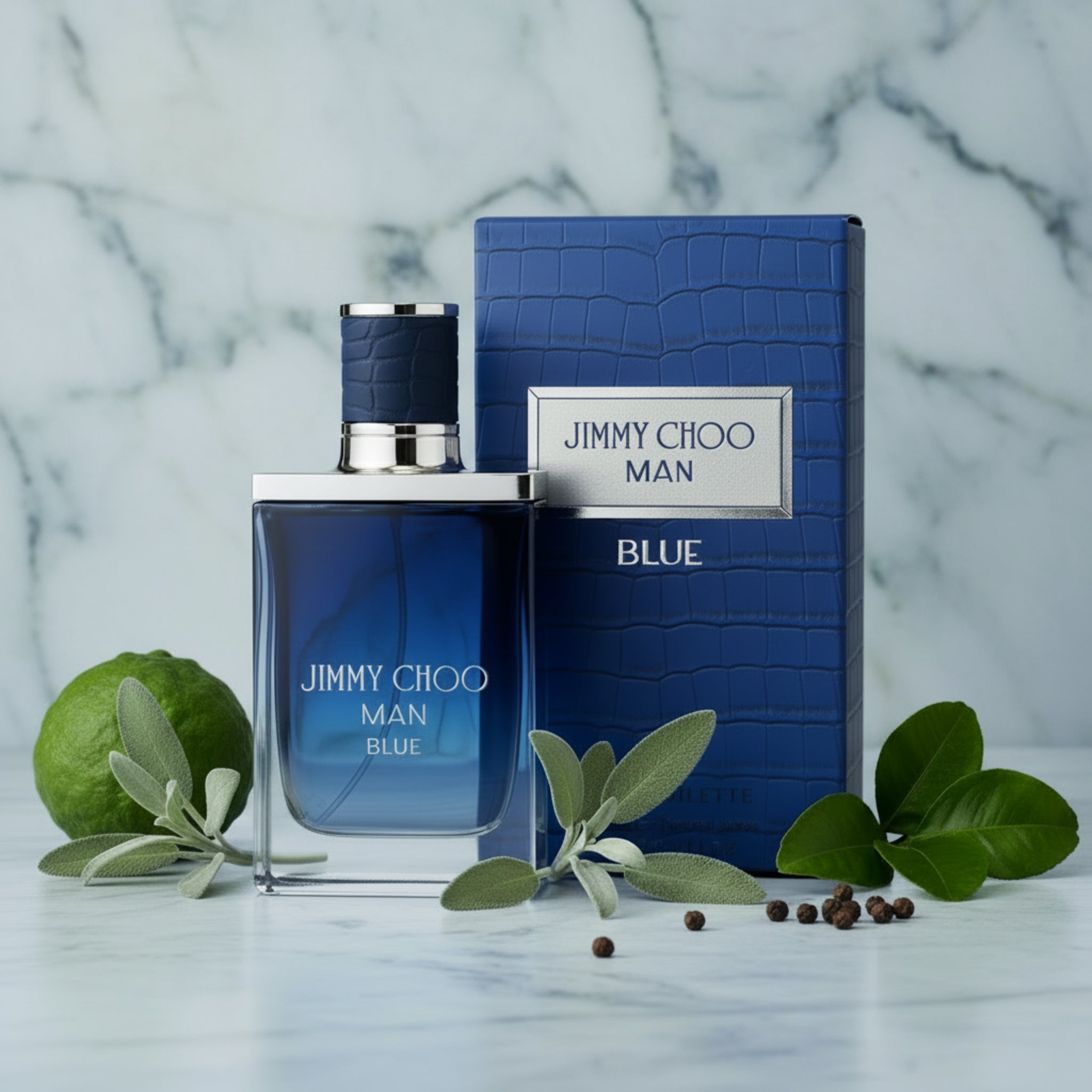 Jimmy Choo Man Blue perfume bottle and packaging on a white background
