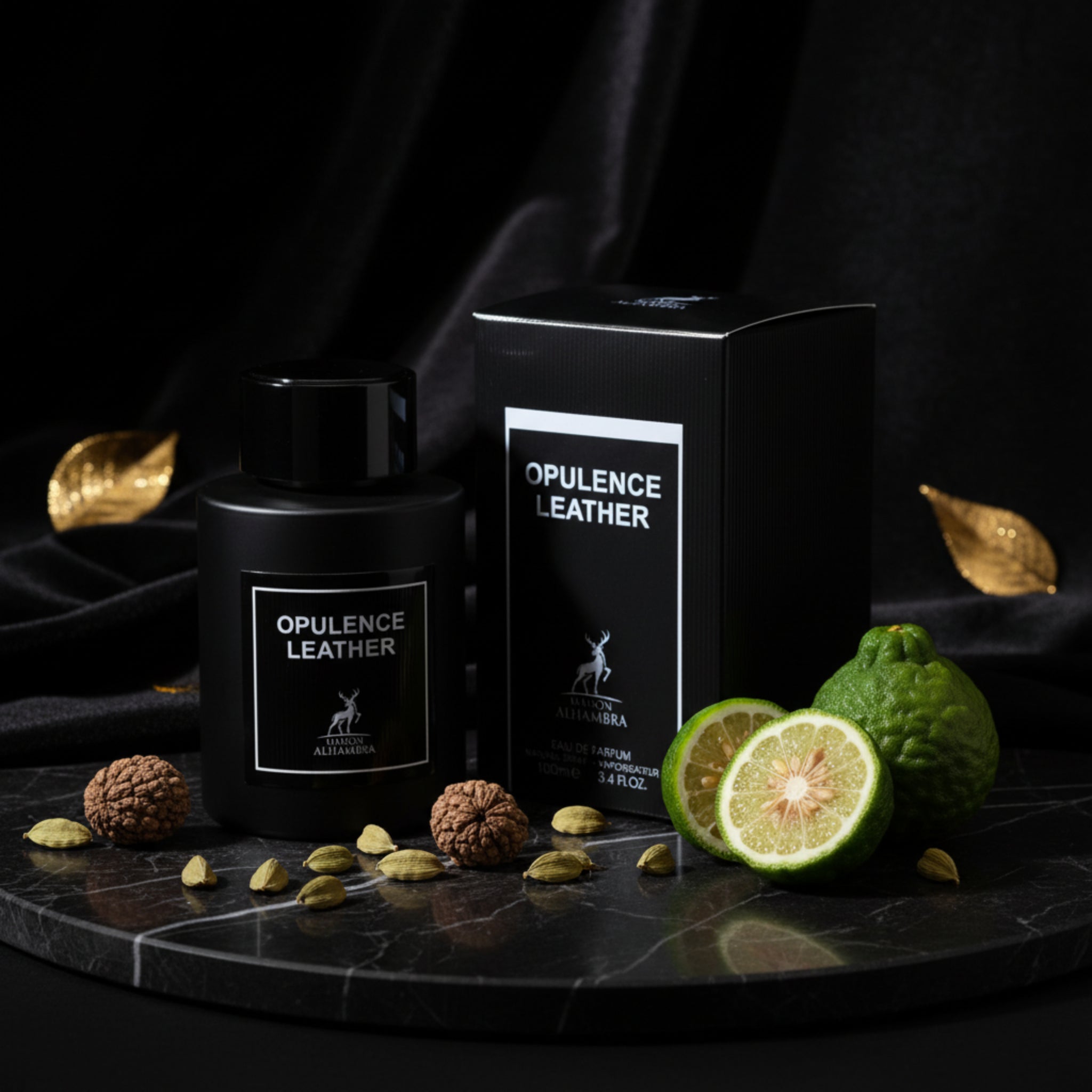 Opulence Leather perfume bottle and packaging on a white background