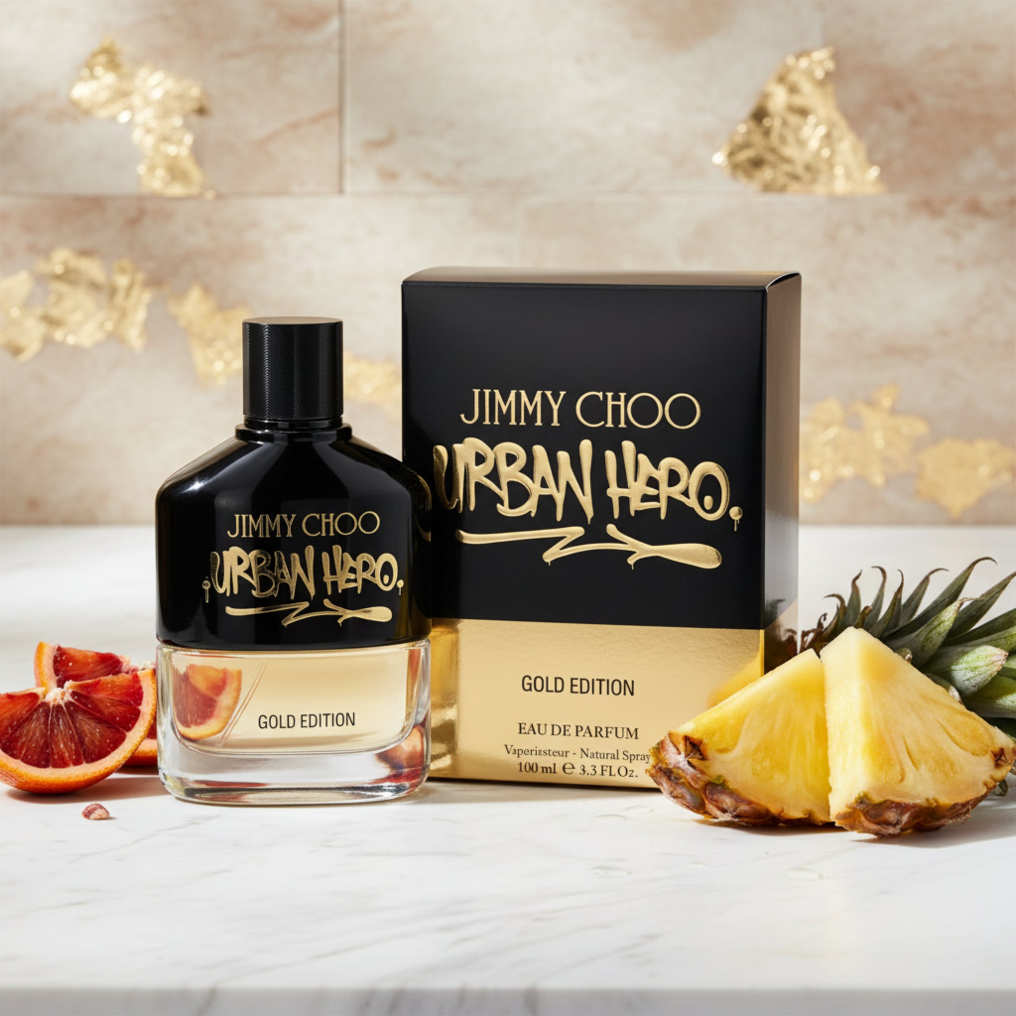 Jimmy Choo Urban Hero Gold Edition perfume bottle and packaging on a white background