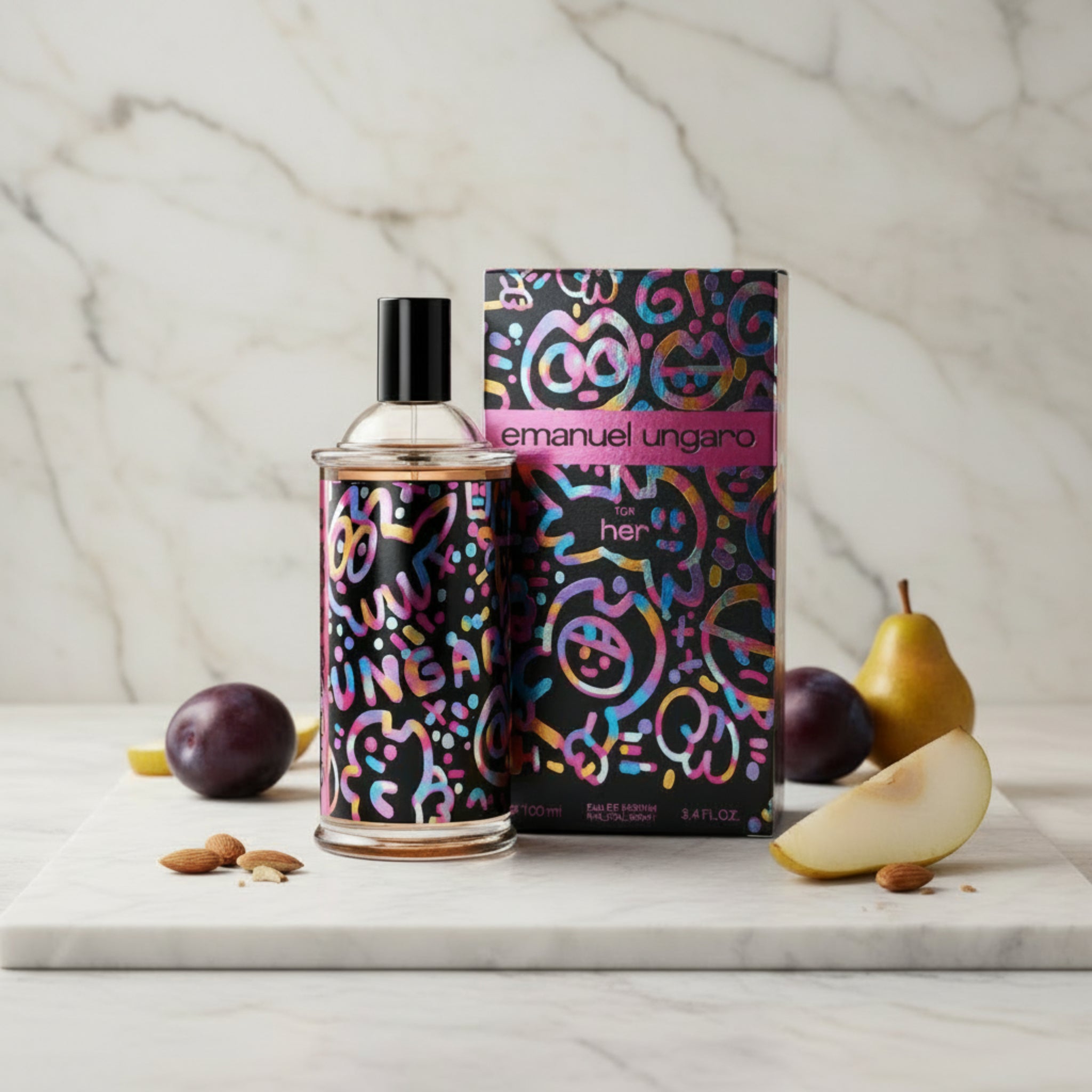 Emanuel Ungaro perfume bottle and packaging with colorful design on a white background