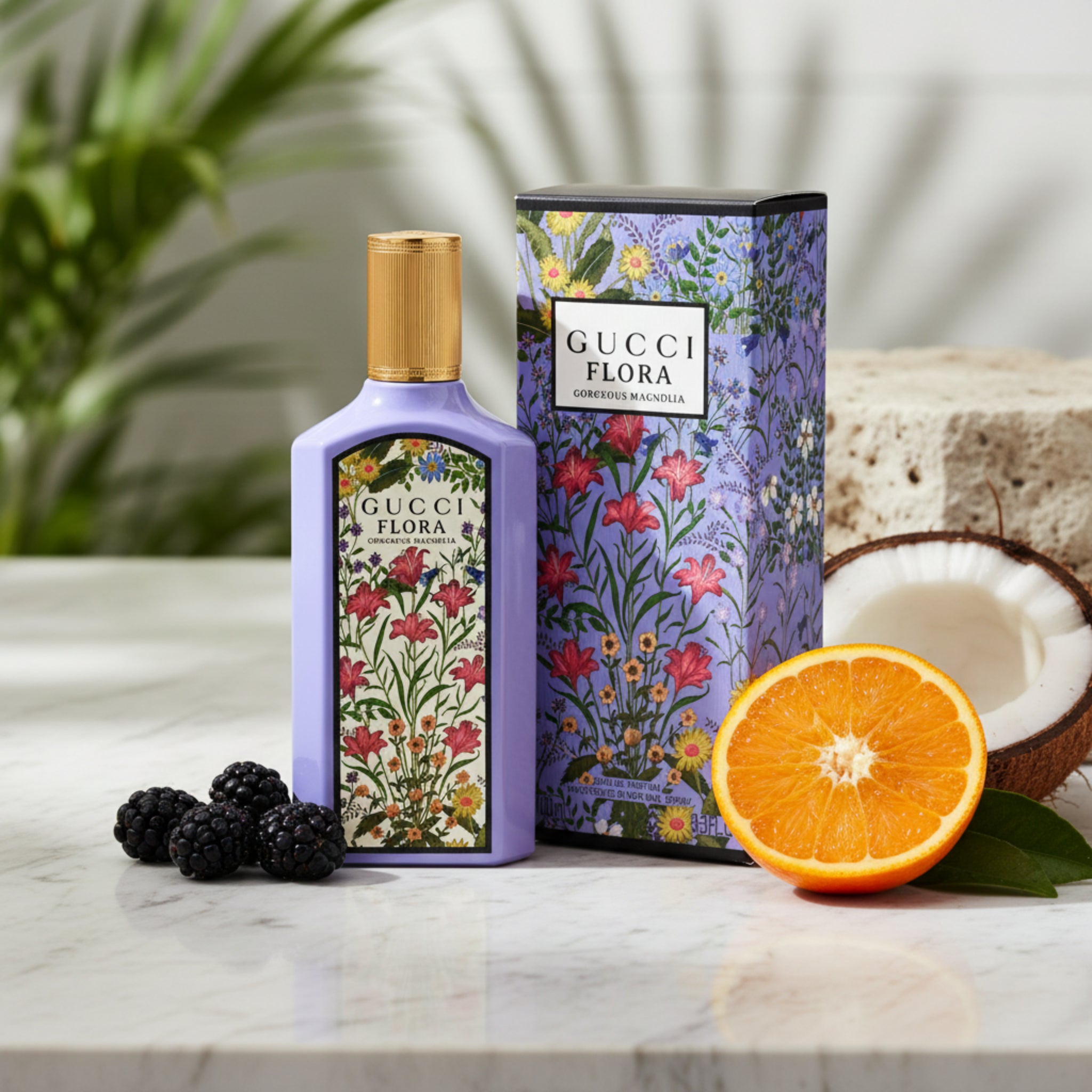 Gucci Flora perfume bottle and packaging with floral design on a white background