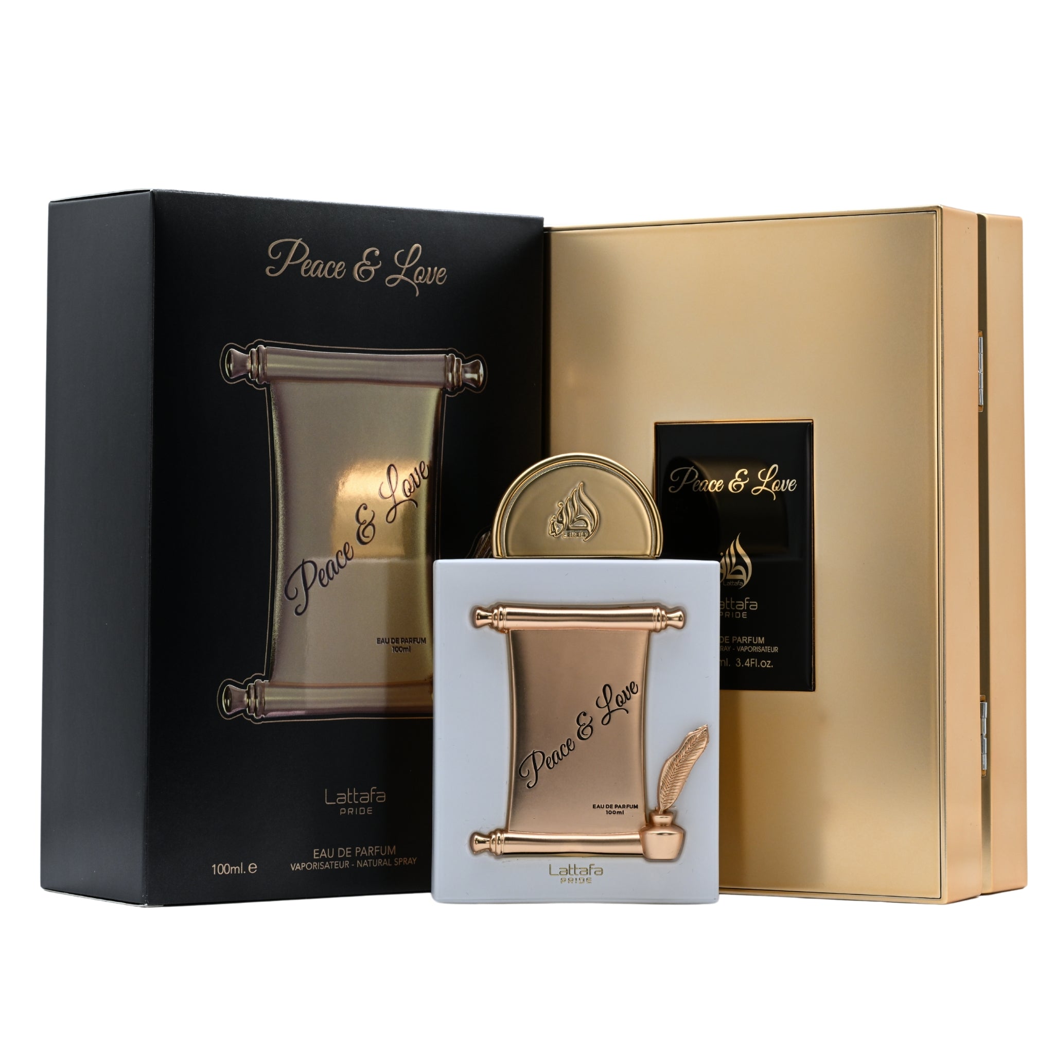 Perfume bottle with 'Peace & Love' packaging in black, gold, and white on a white background