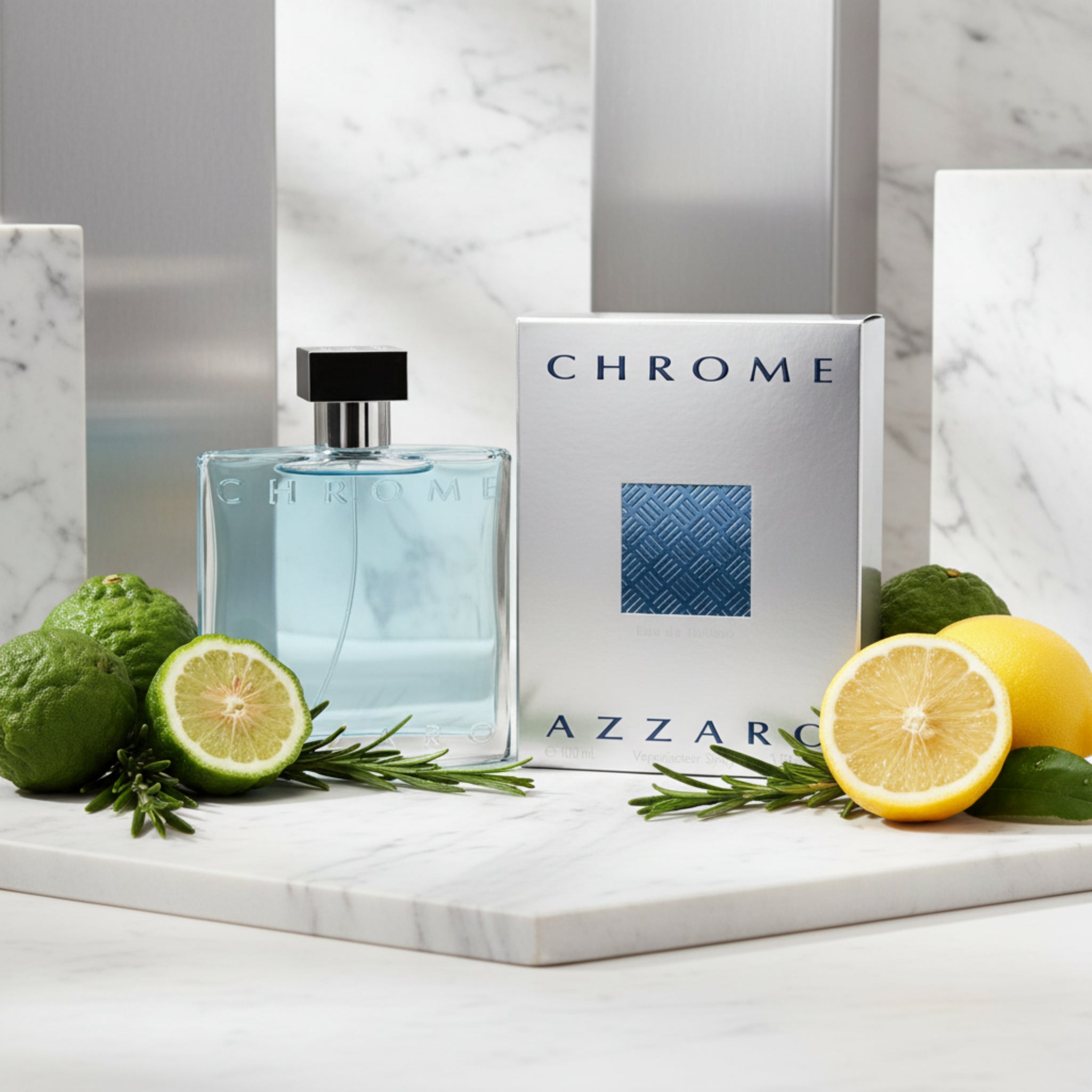 Azzaro Chrome perfume bottle and packaging on a white background