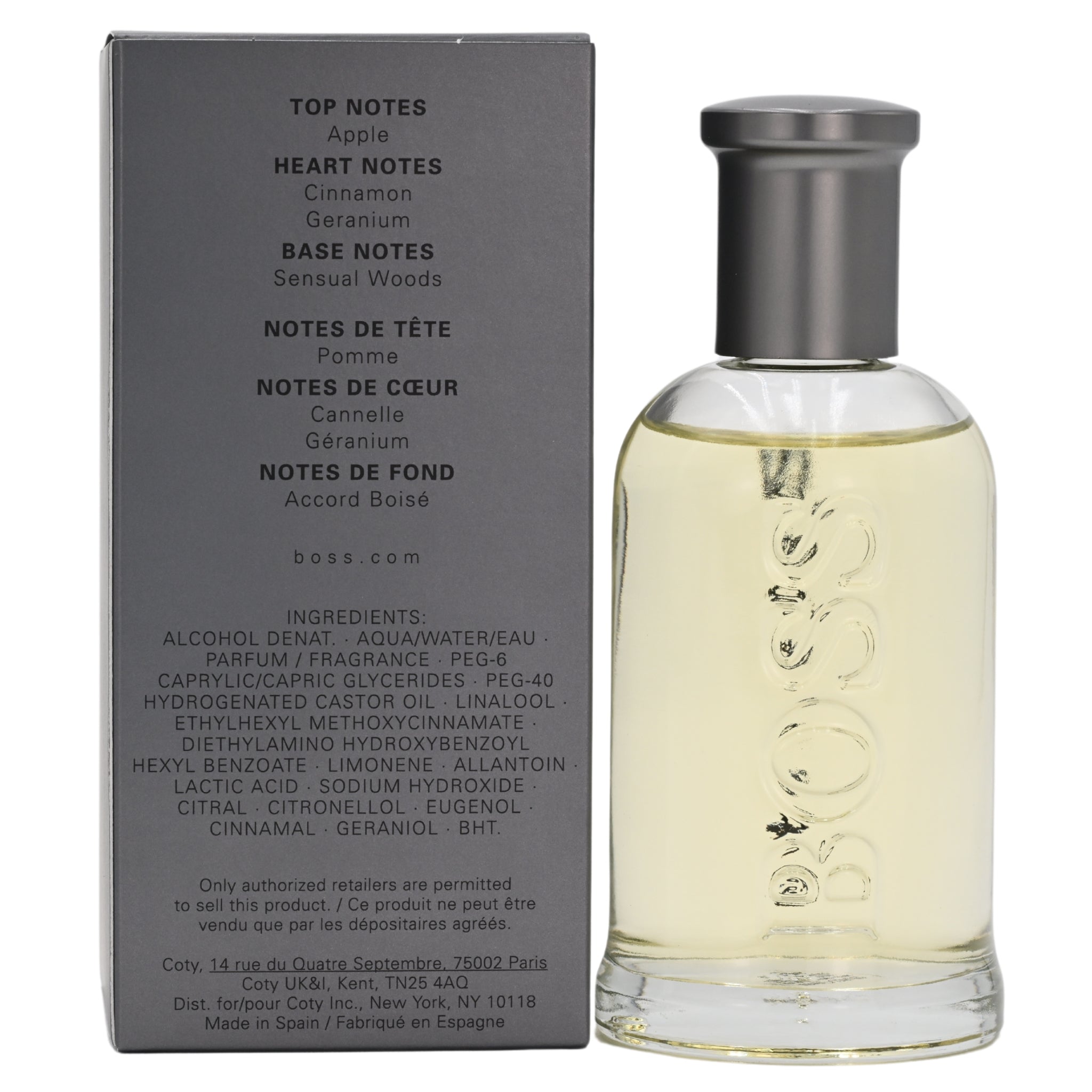 Boss perfume bottle with packaging on a white background