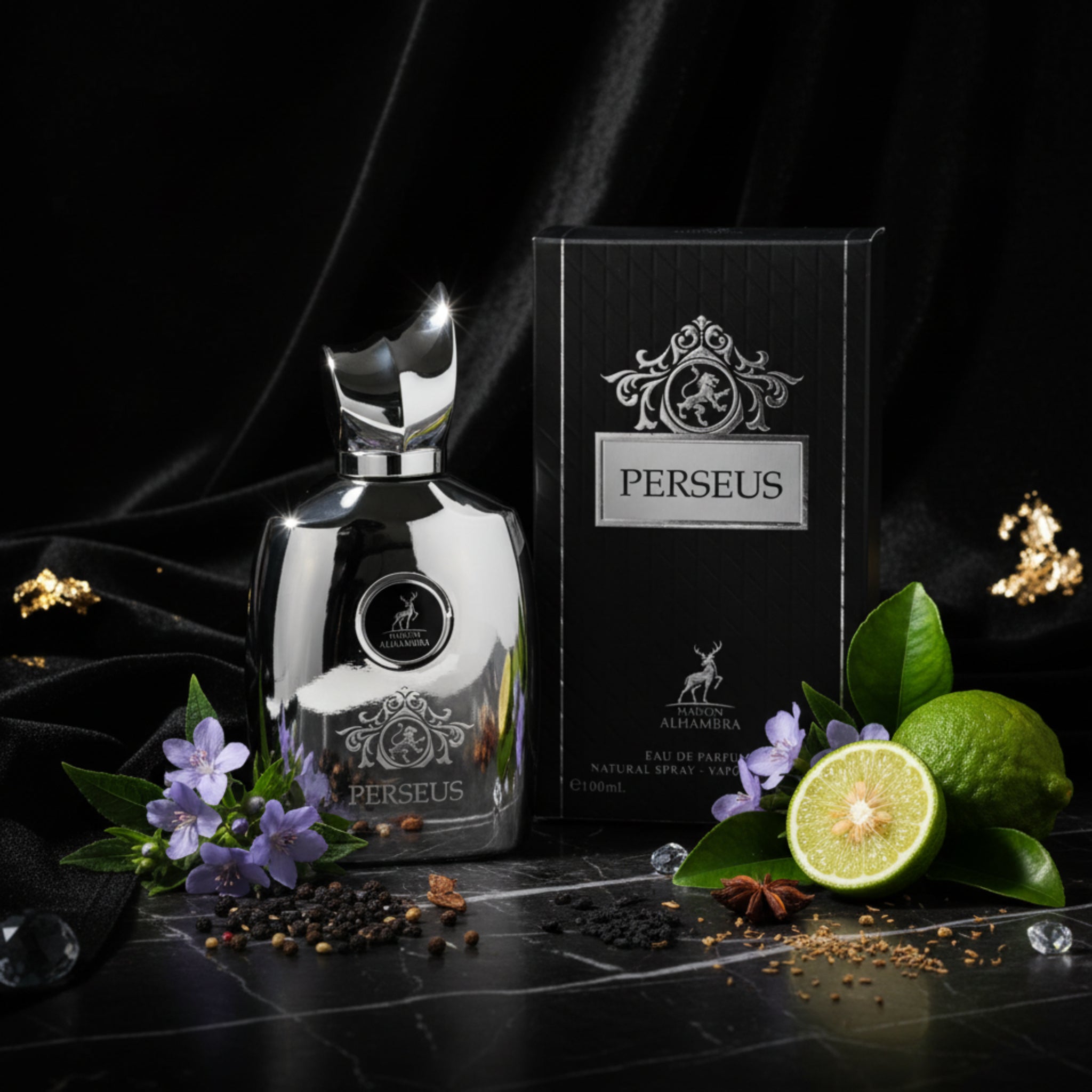 Perseus perfume bottle and packaging on a white background