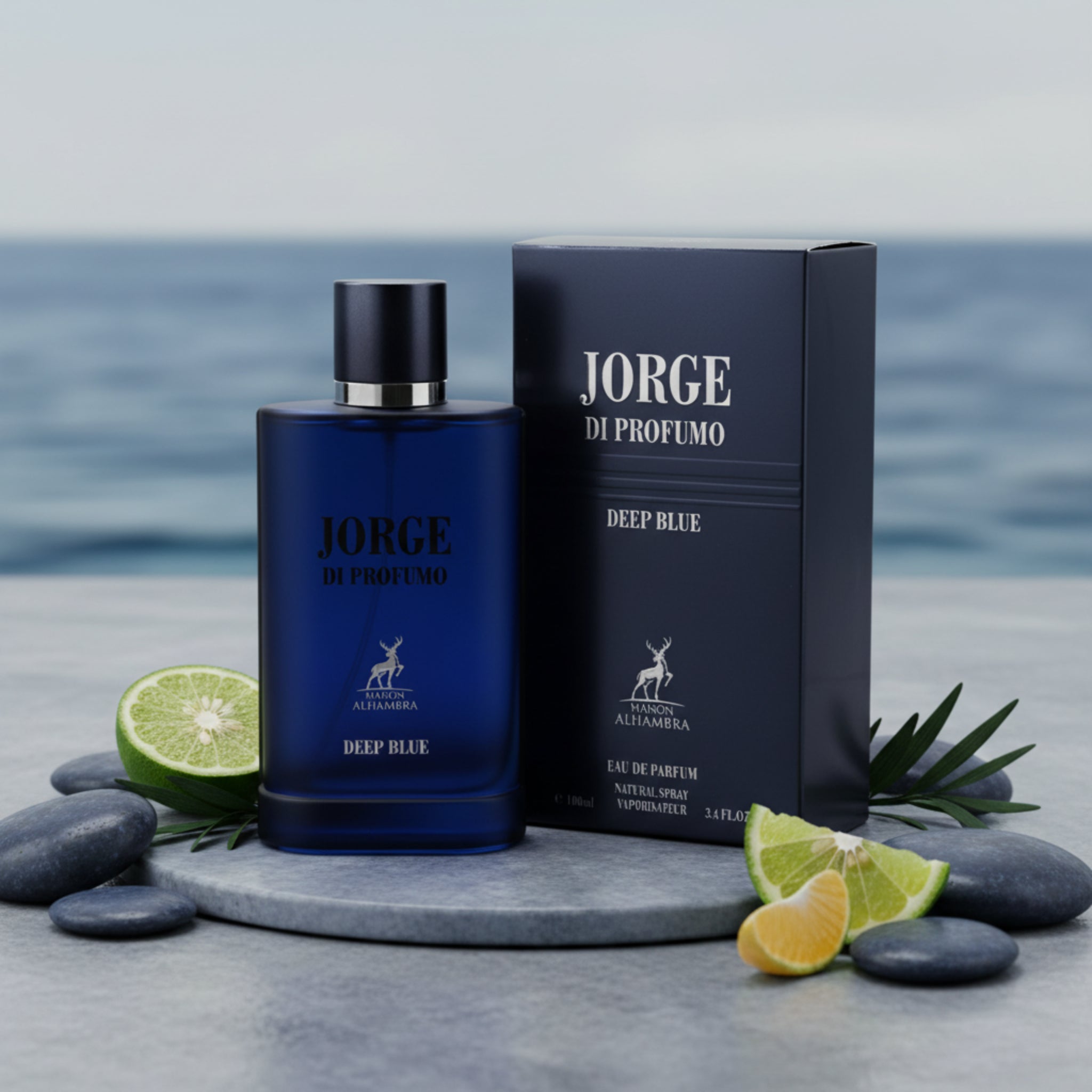 Jorge di Profumo Deep Blue perfume bottle and packaging with a scenic background