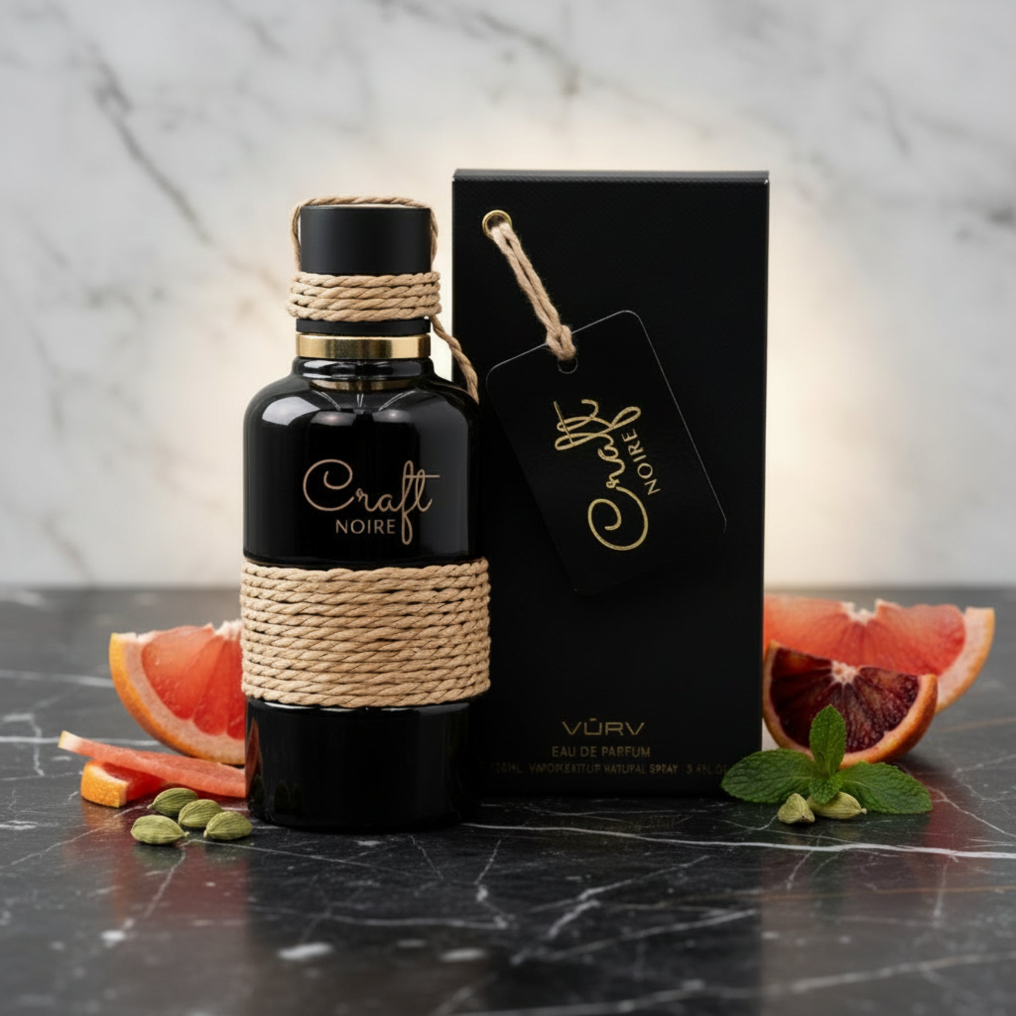 Perfume bottle with 'Craft Noire' branding and packaging on a white background