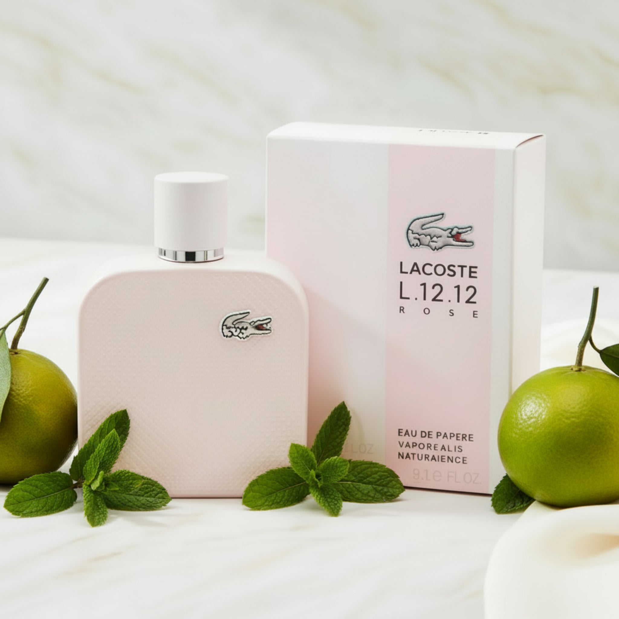 Pink Lacoste L.12.12 Rose perfume bottle and packaging on a white background