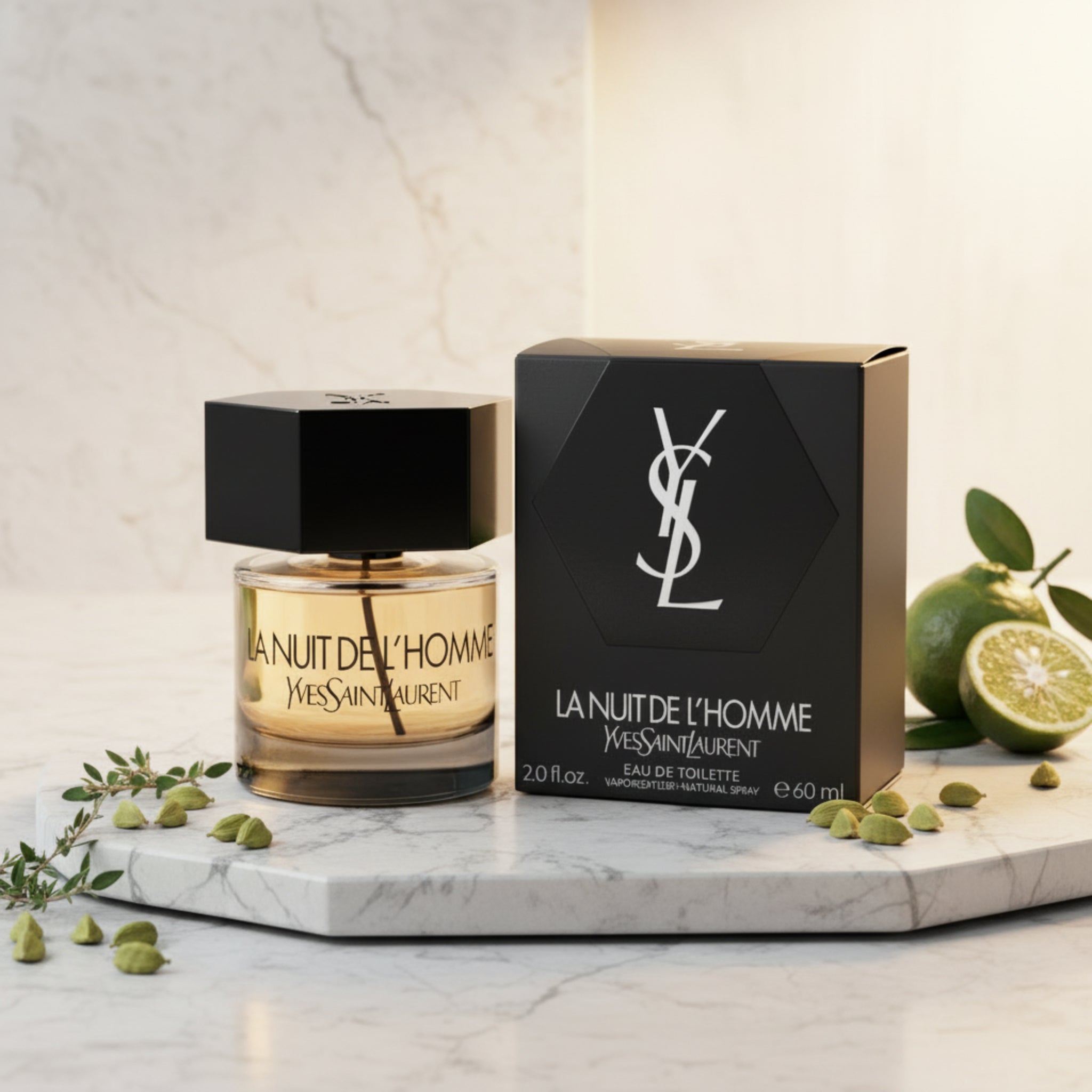 YSL La Nuit de L'Homme perfume bottle and packaging on a white background