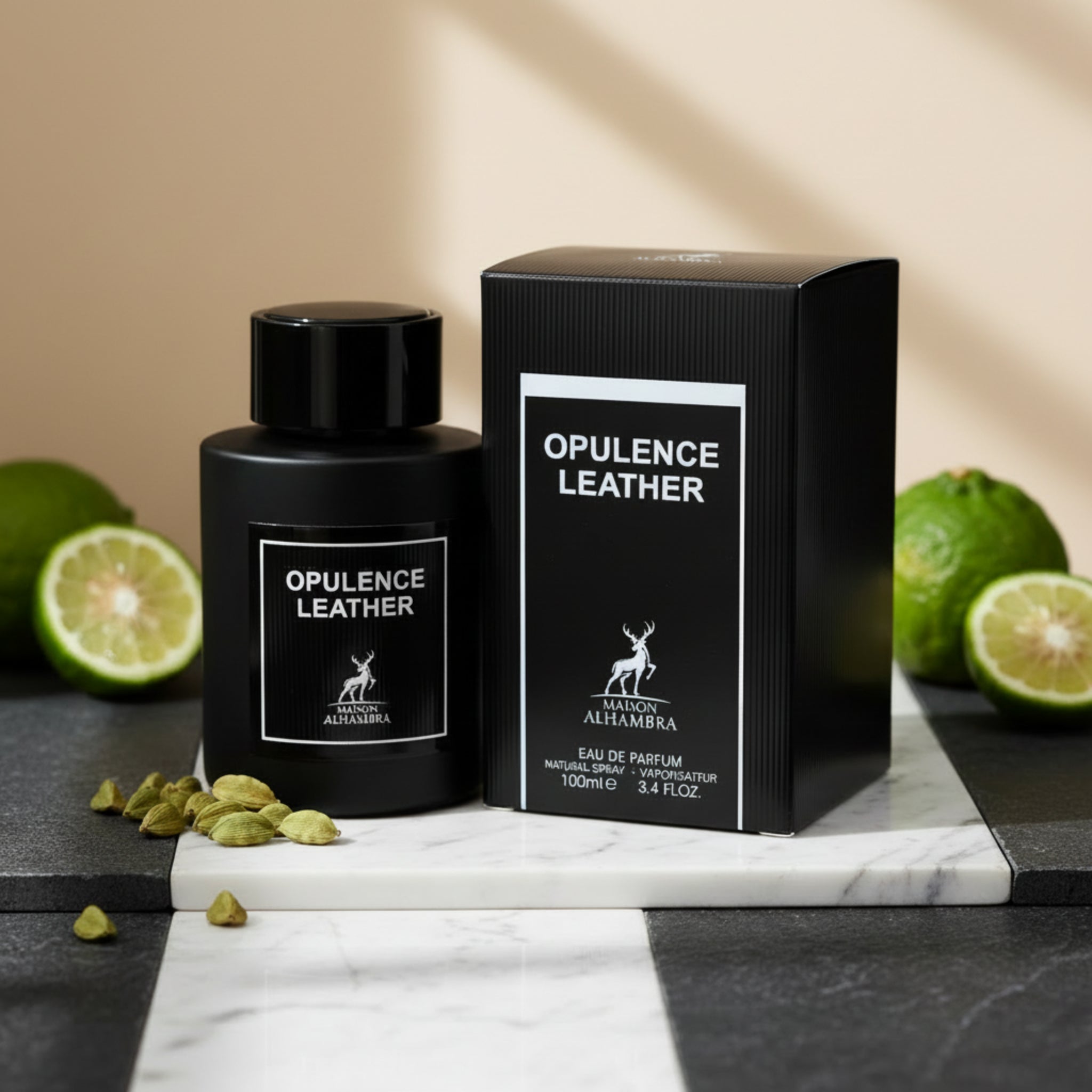 Opulence Leather perfume bottle and packaging on a white background