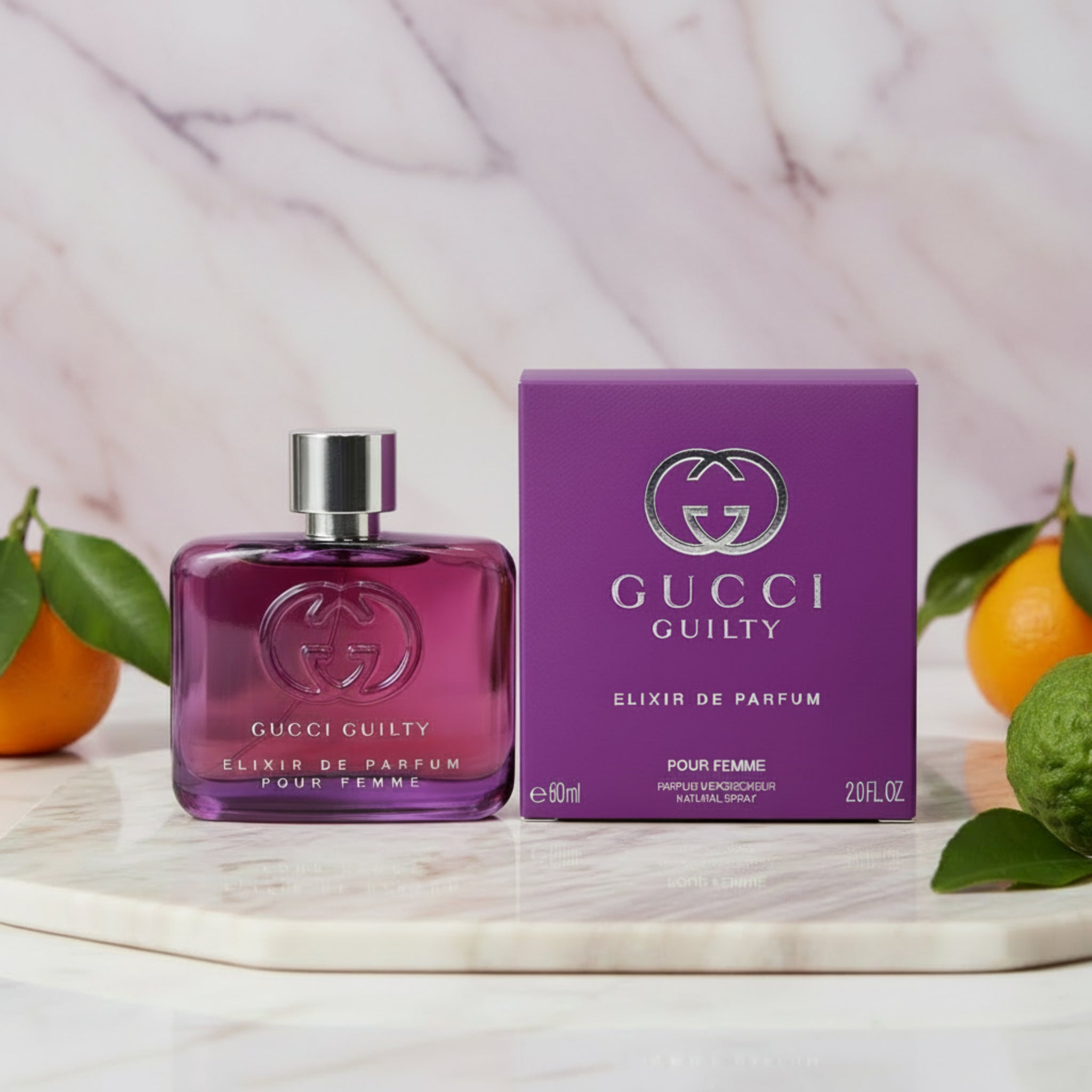 Gucci Guilty Elixir de Parfum bottle and packaging on a white background