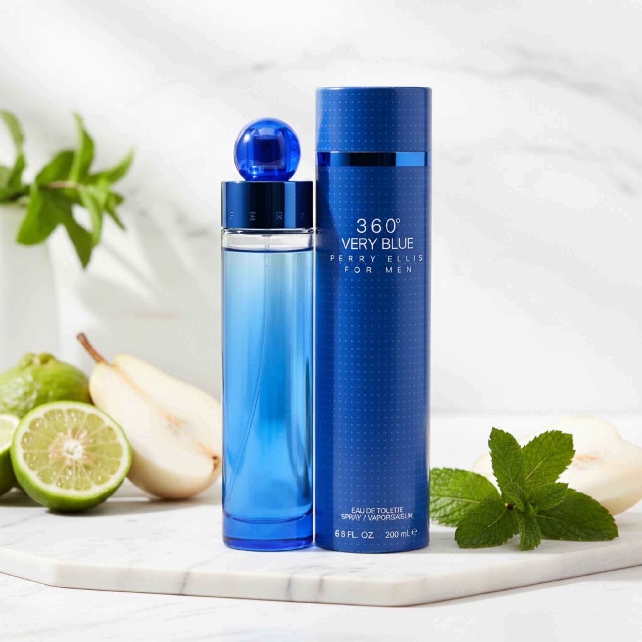 Two blue Perry Ellis 360 Very Blue men's fragrances on a white background