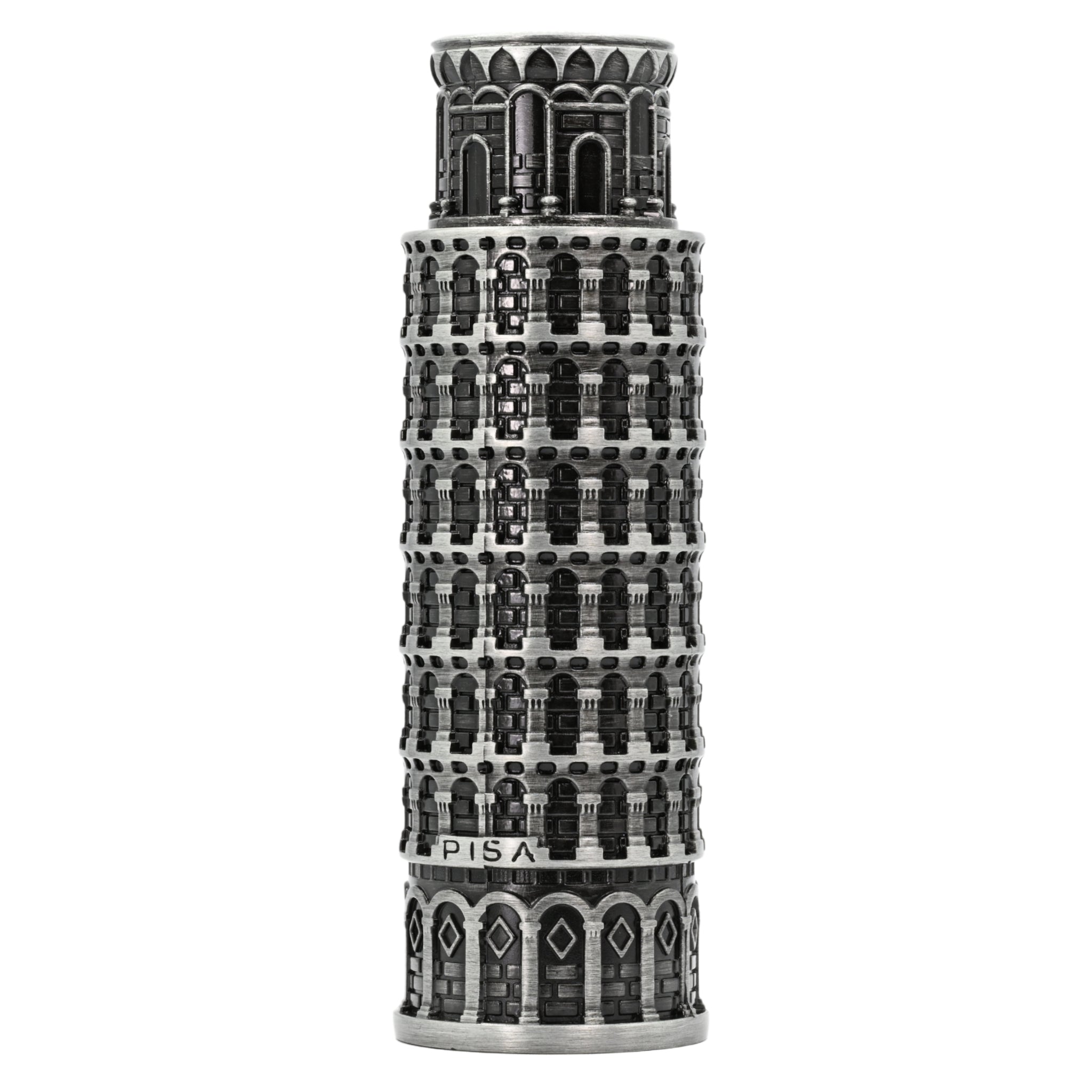 Perfume bottle designed like the Leaning Tower of Pisa on a white background
