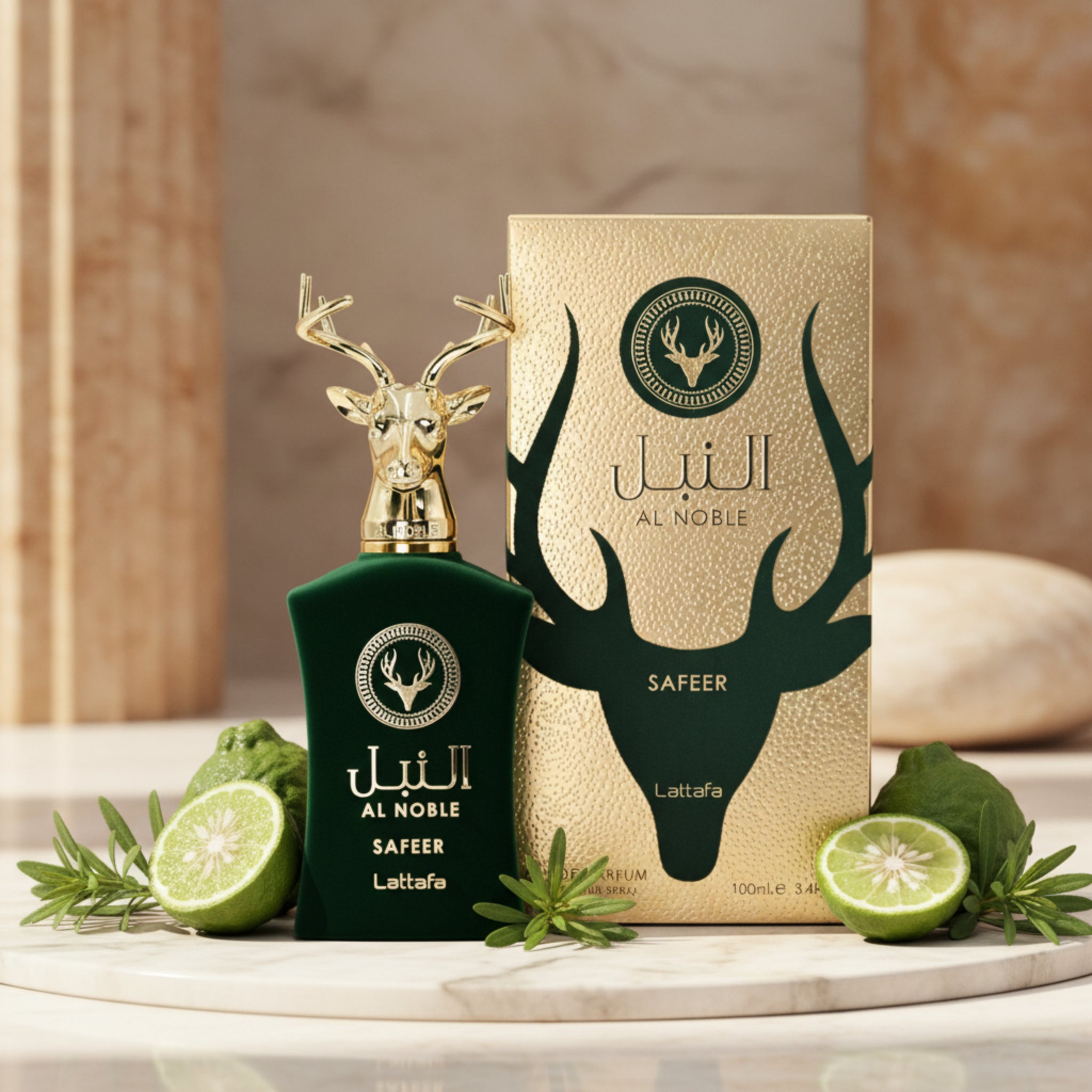 Green perfume bottle with gold deer head design and matching gold box on a white background