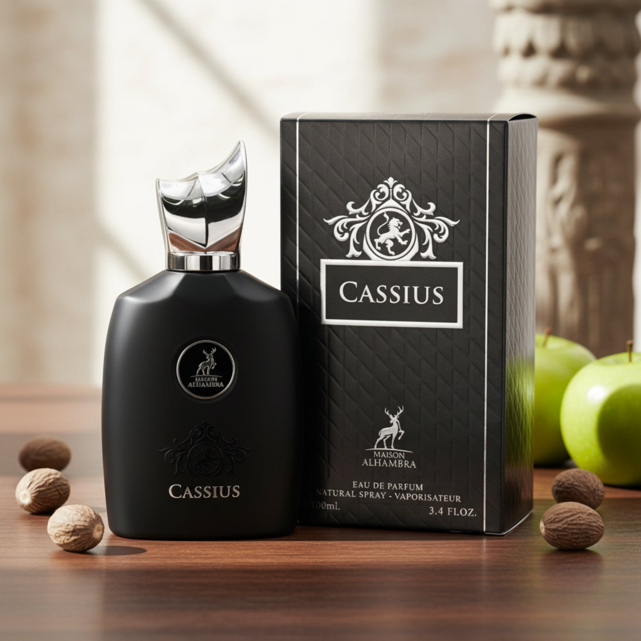 Black Cassius perfume bottle and packaging on a white background