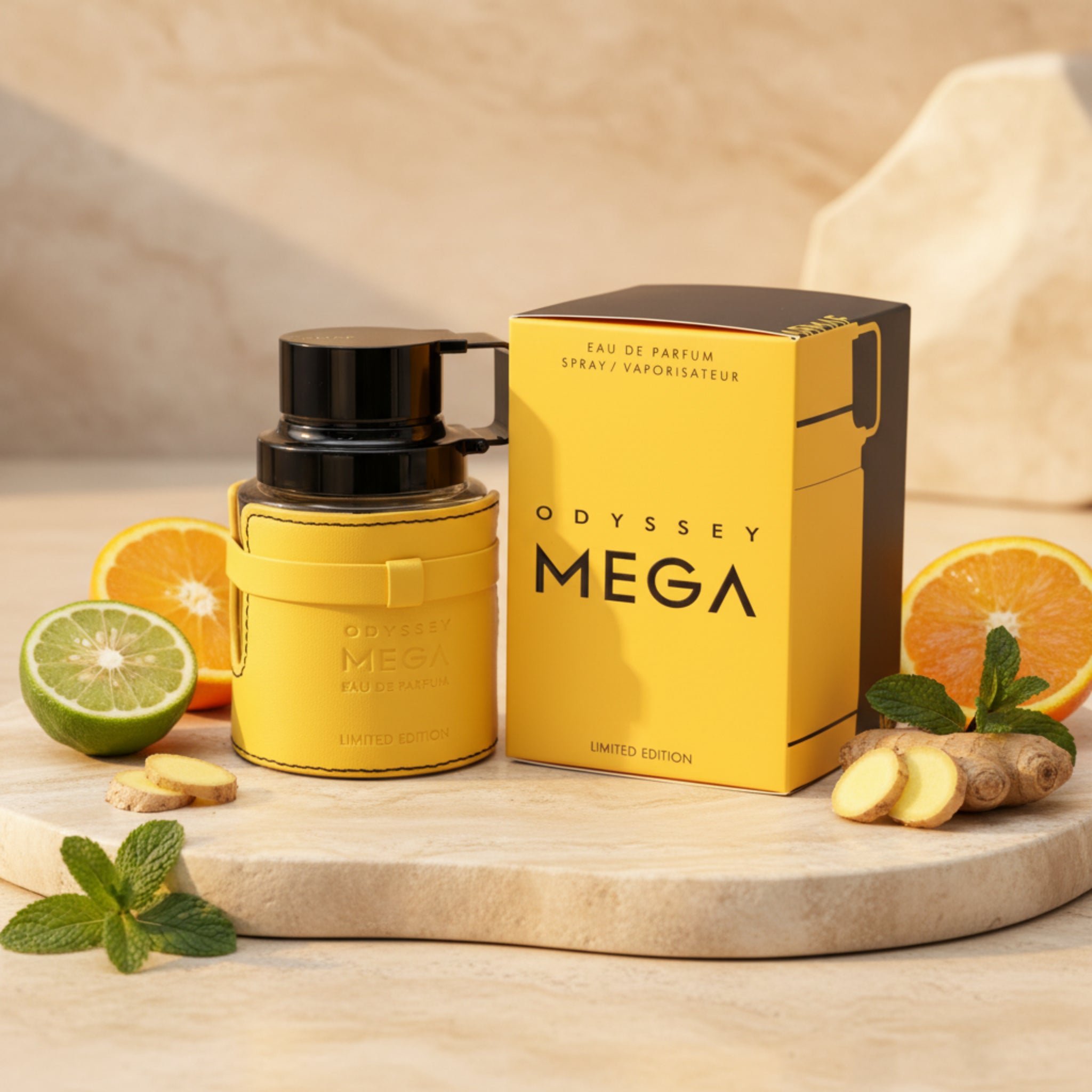 Yellow Odyssey Mega perfume bottle and packaging on a white background