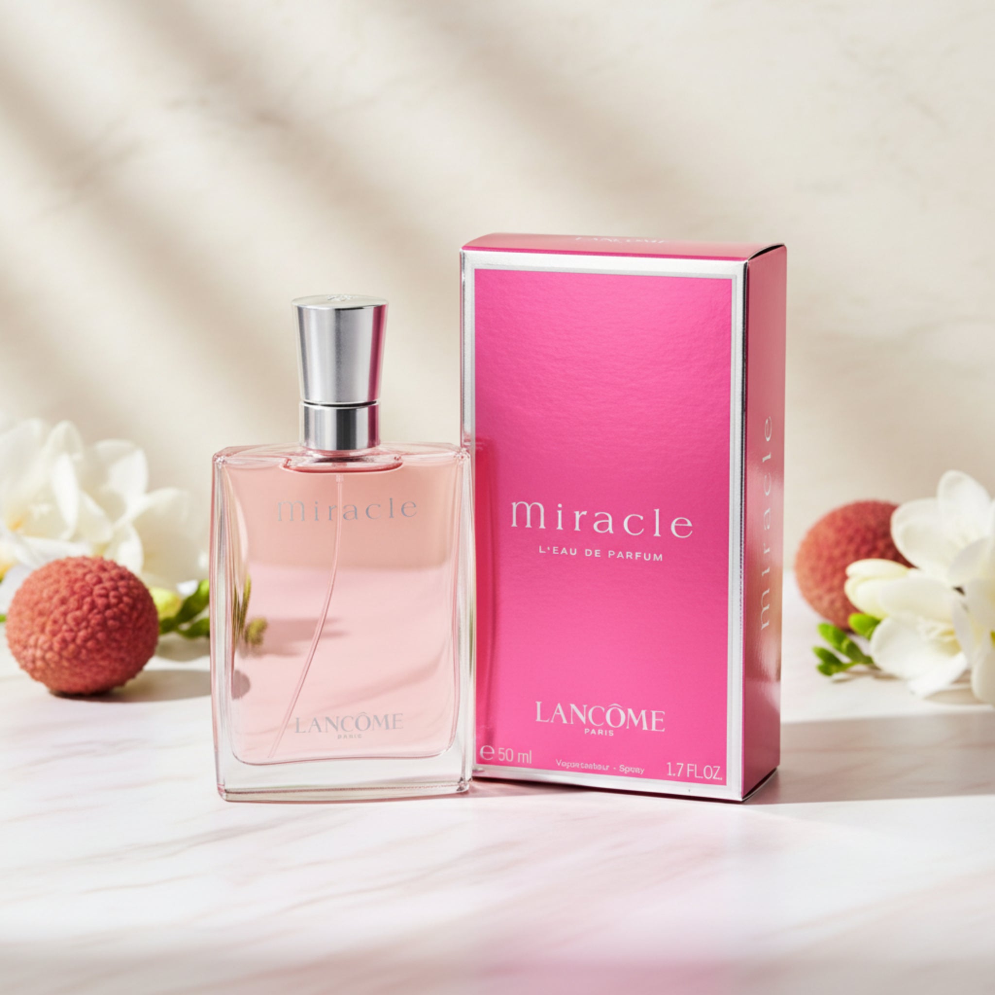 Lancome Miracle perfume bottle and packaging on a white background