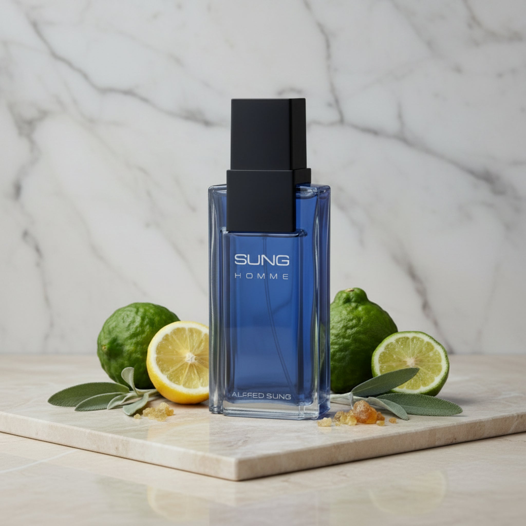 Blue perfume bottle with black cap on a white background