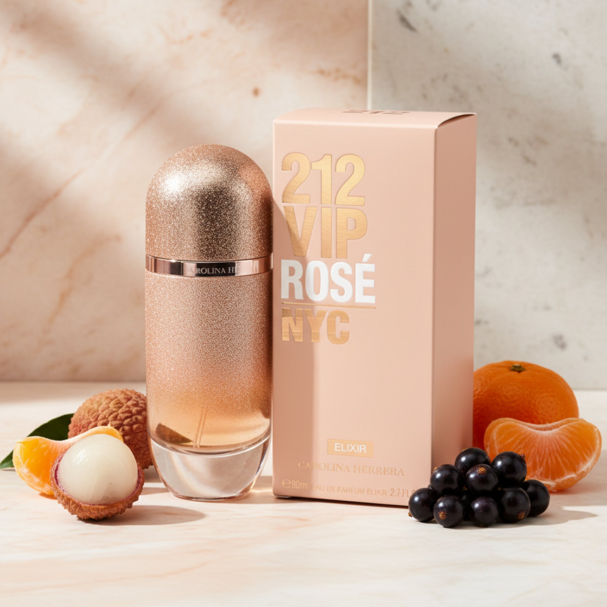 Carolina Herrera 212 VIP Rosé NYC perfume bottle and packaging on a white background