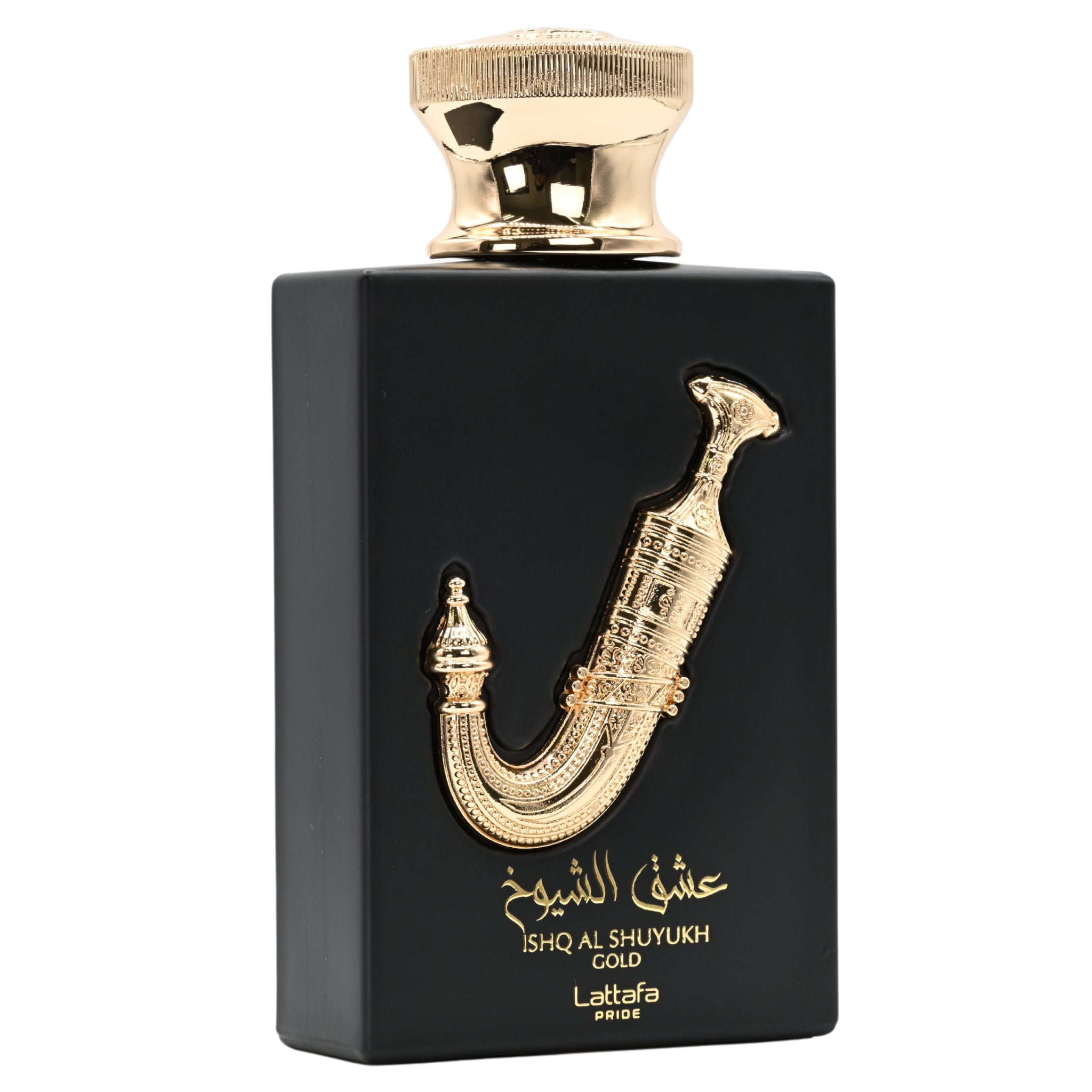 Black and gold perfume bottle with decorative design on a white background