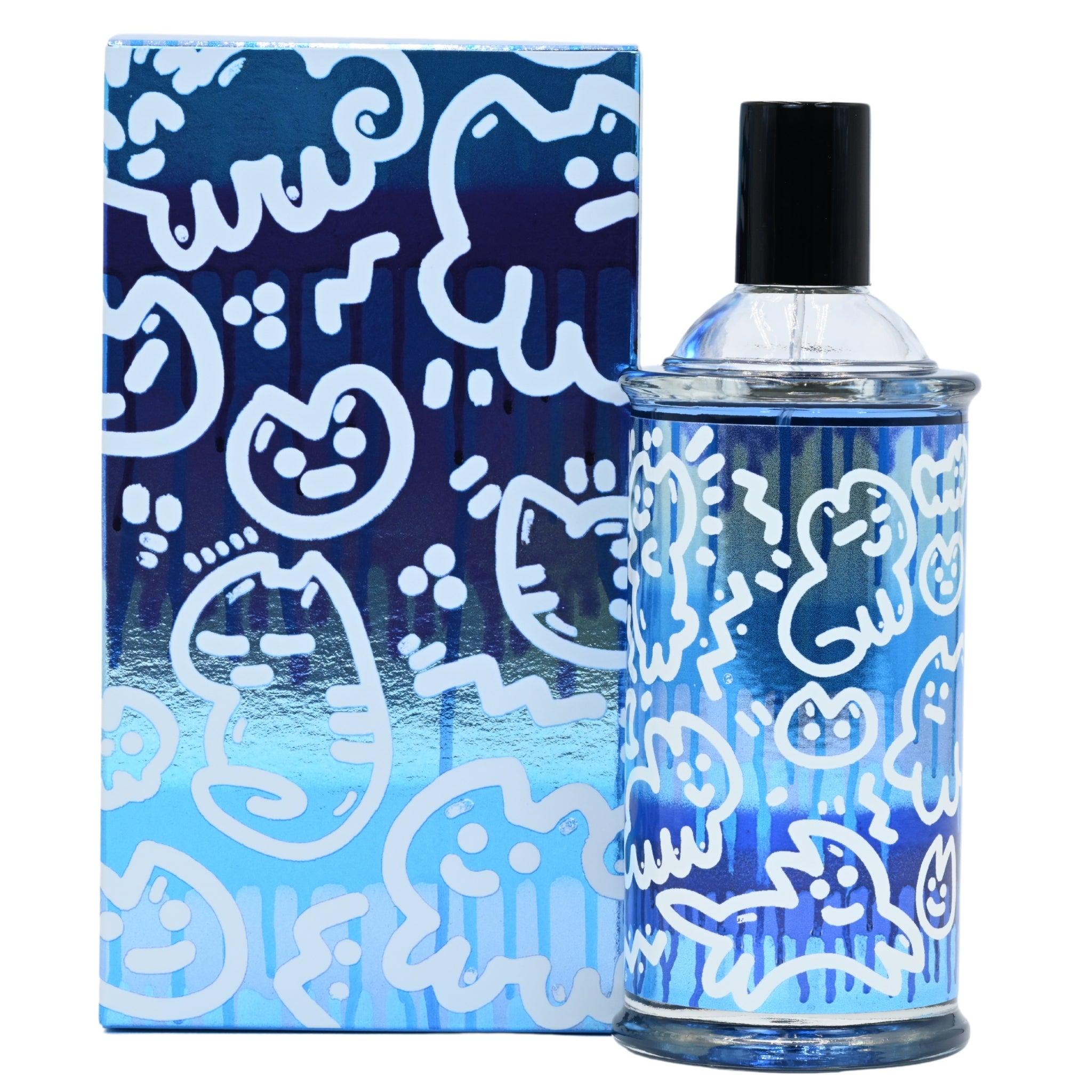 Blue and white patterned perfume bottle and packaging on a white background