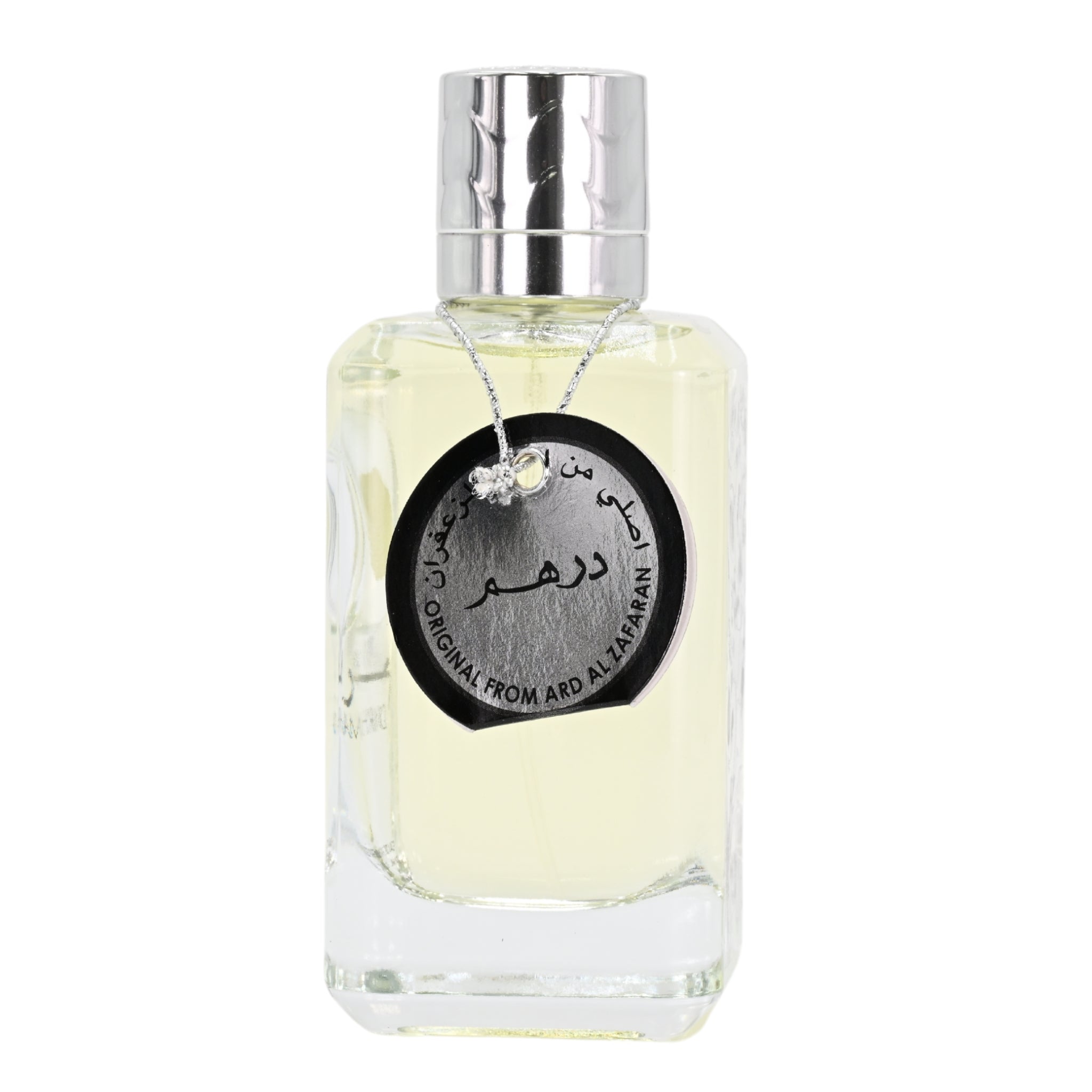 Clear glass perfume bottle with silver cap on a white background