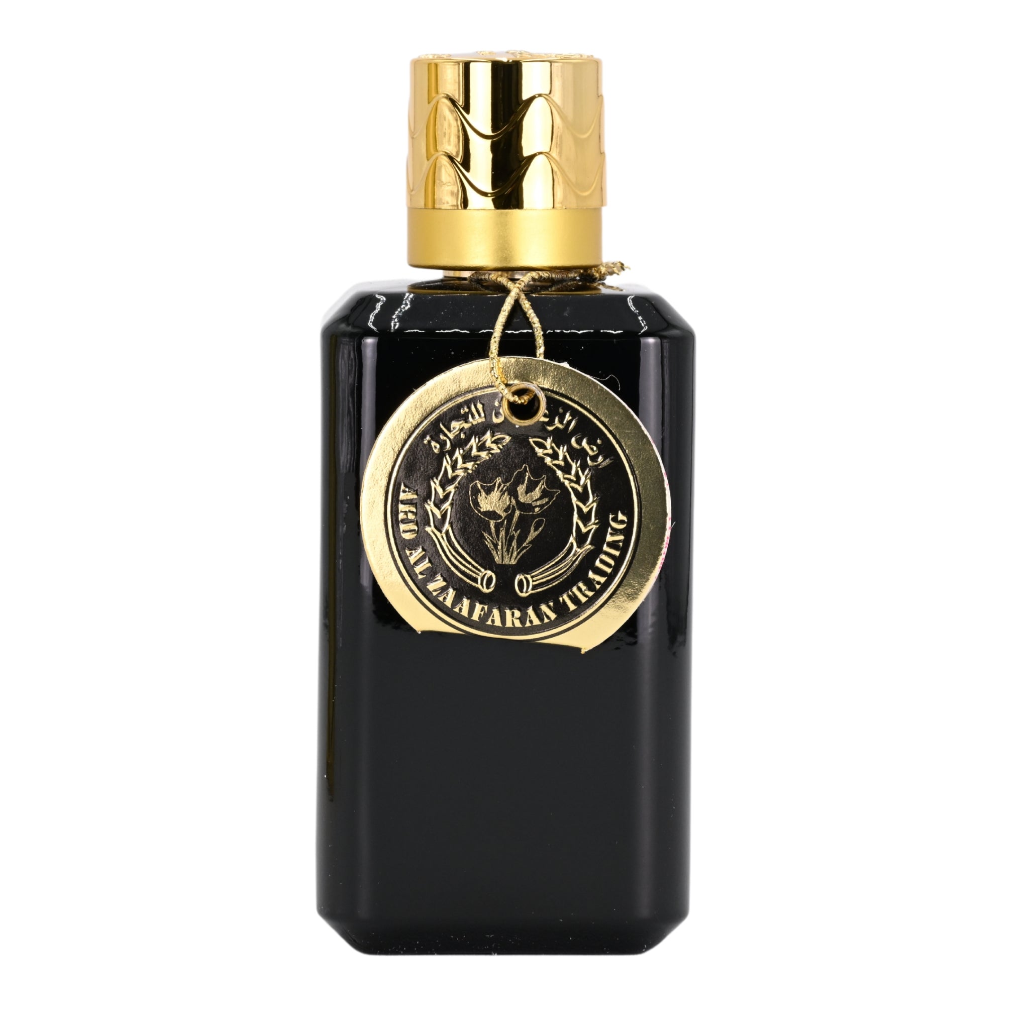 Black perfume bottle with gold cap and label on a white background
