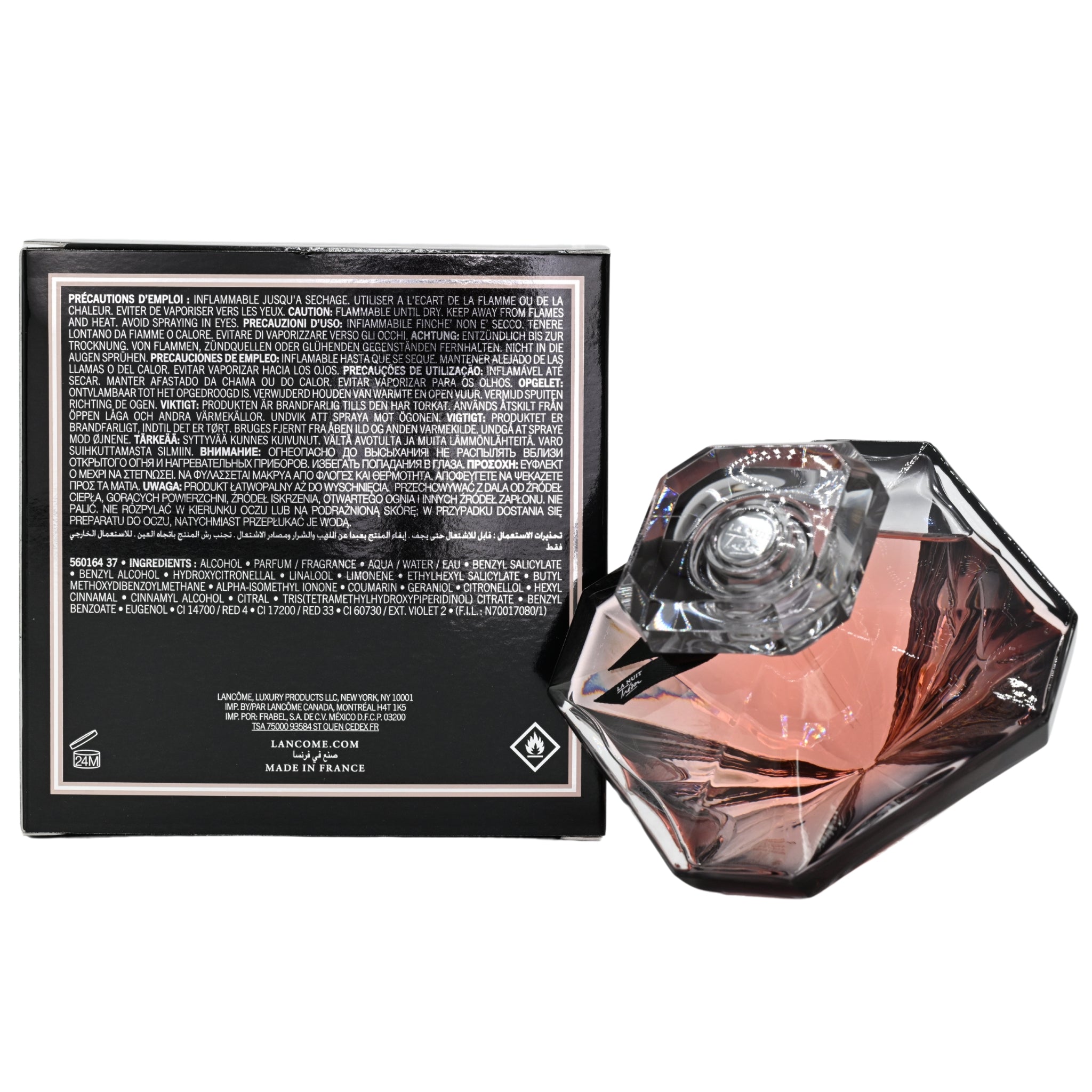 Lancome perfume bottle with packaging on a white background