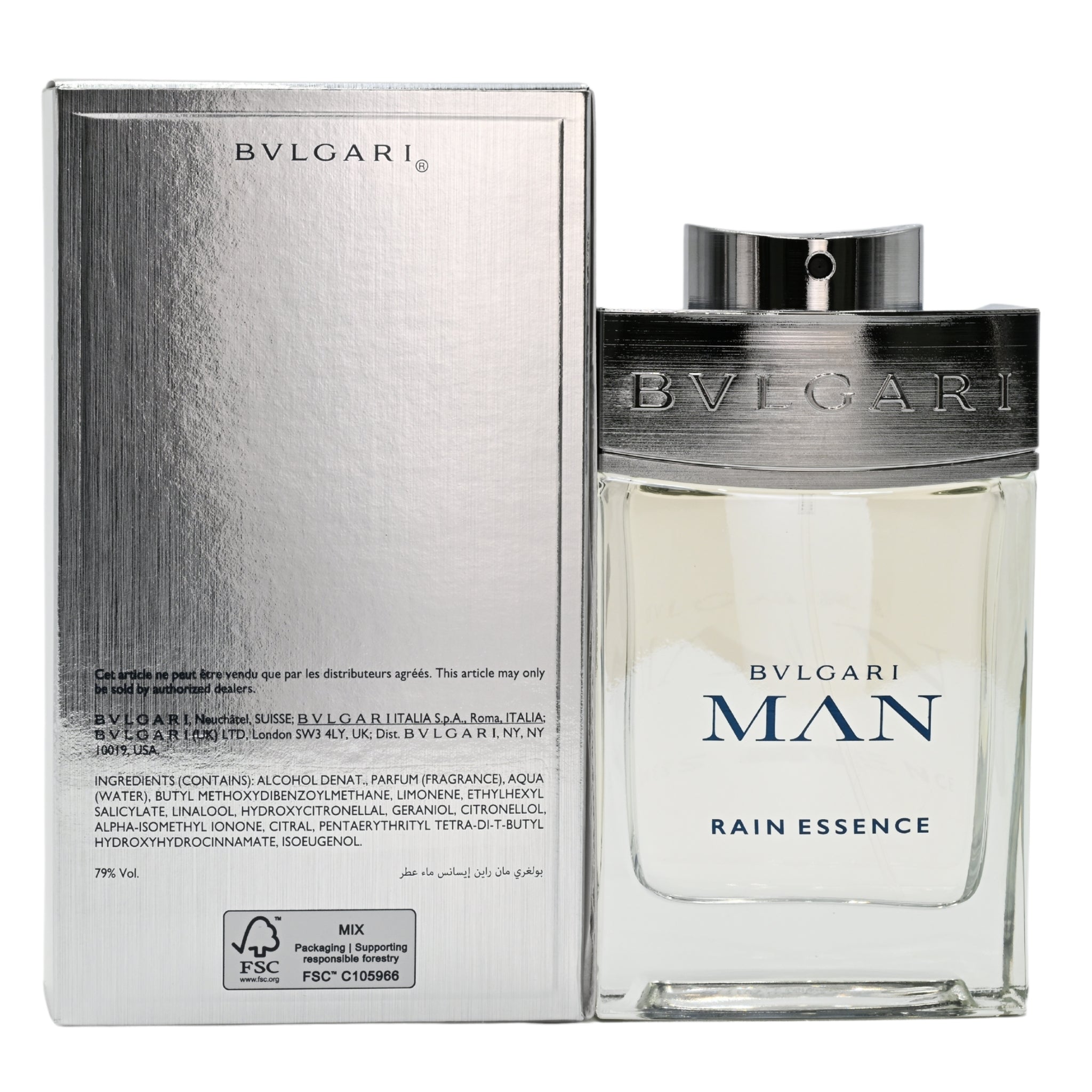 Bvlgari Man Rain Essence perfume bottle and packaging on a white background