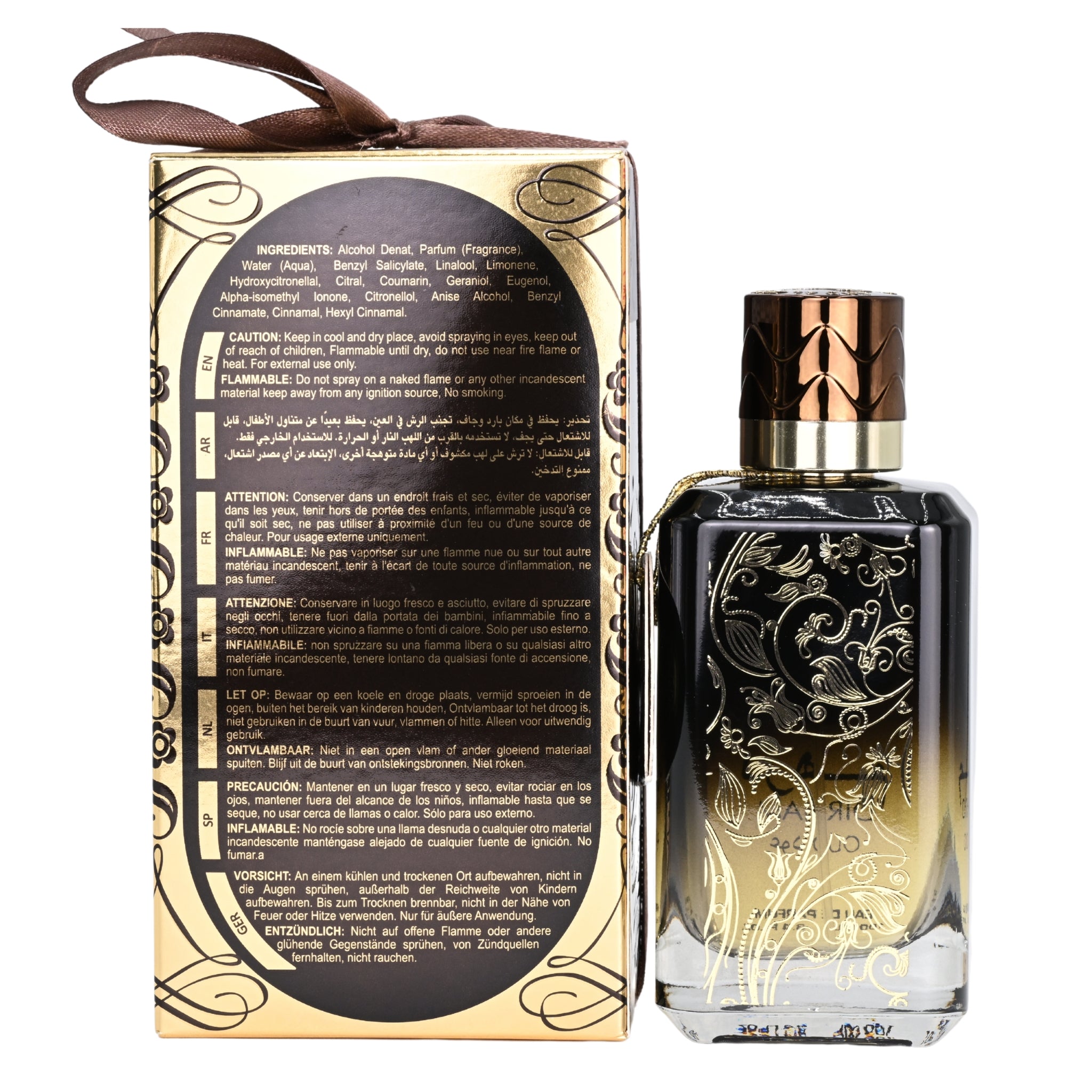 Perfume bottle with decorative packaging on a white background